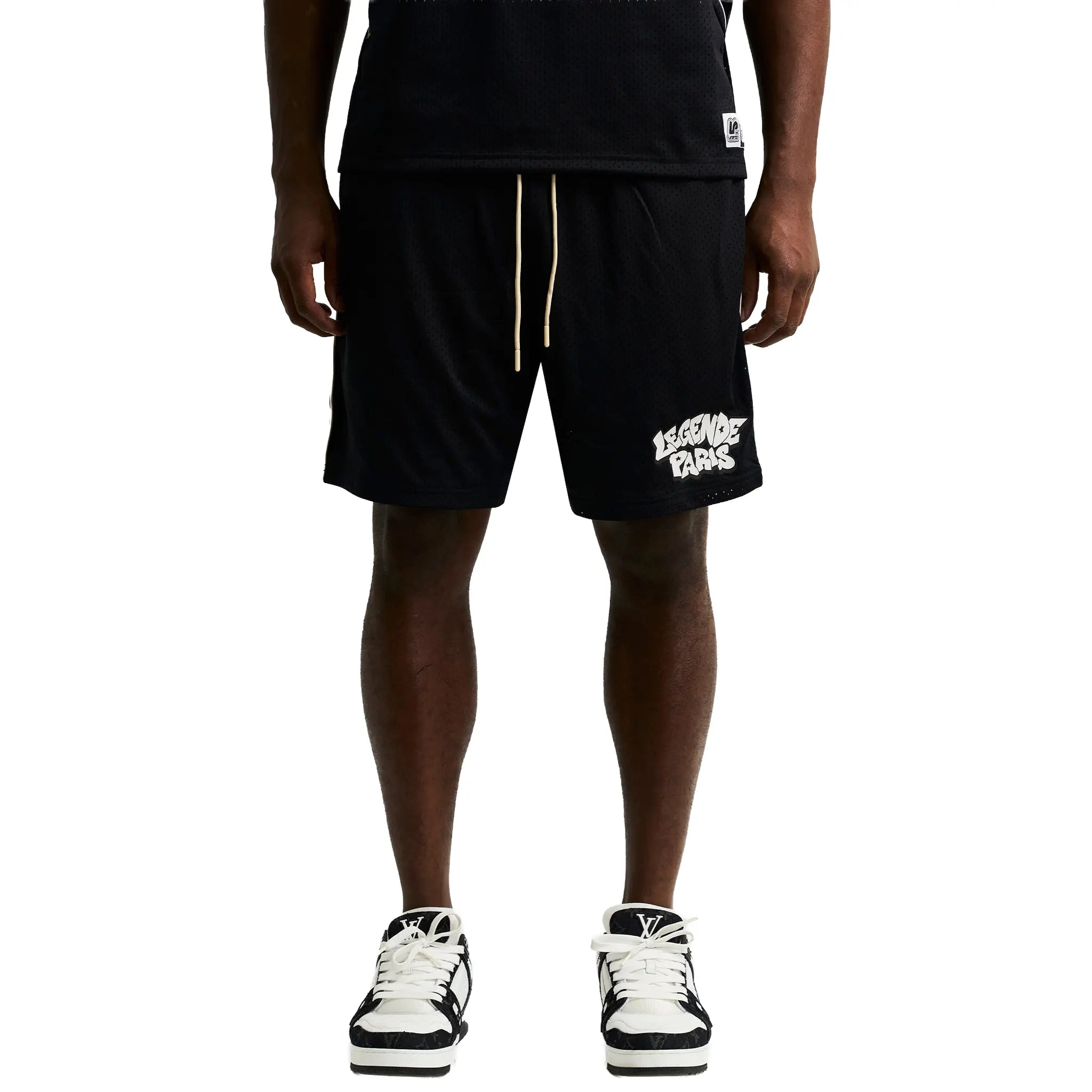 Front View of Légende Paris Graffiti Mesh Black Shorts