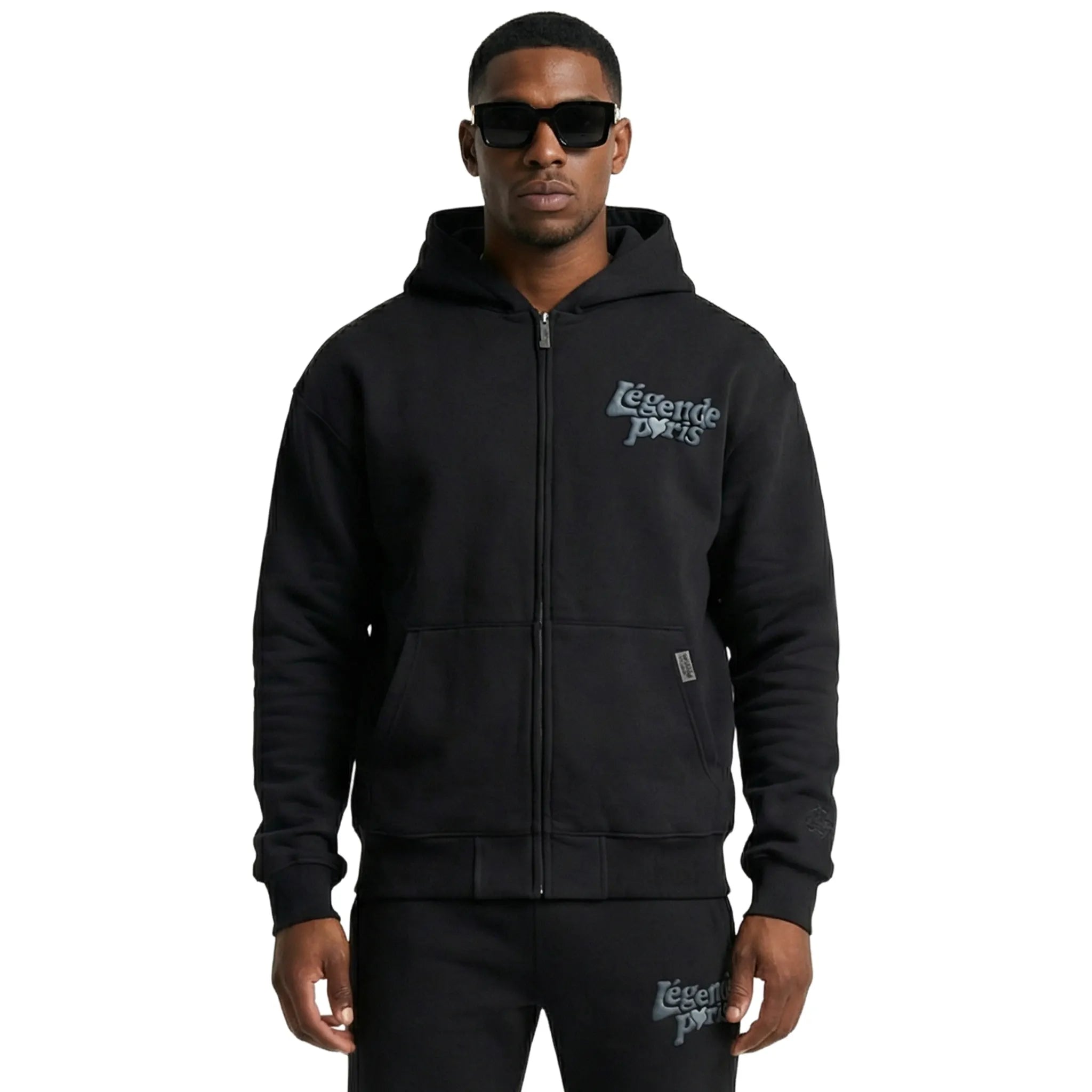Detailed Front View of Légende Paris Lnd Tonal Black Zip-Up Hoodie LPHOD021