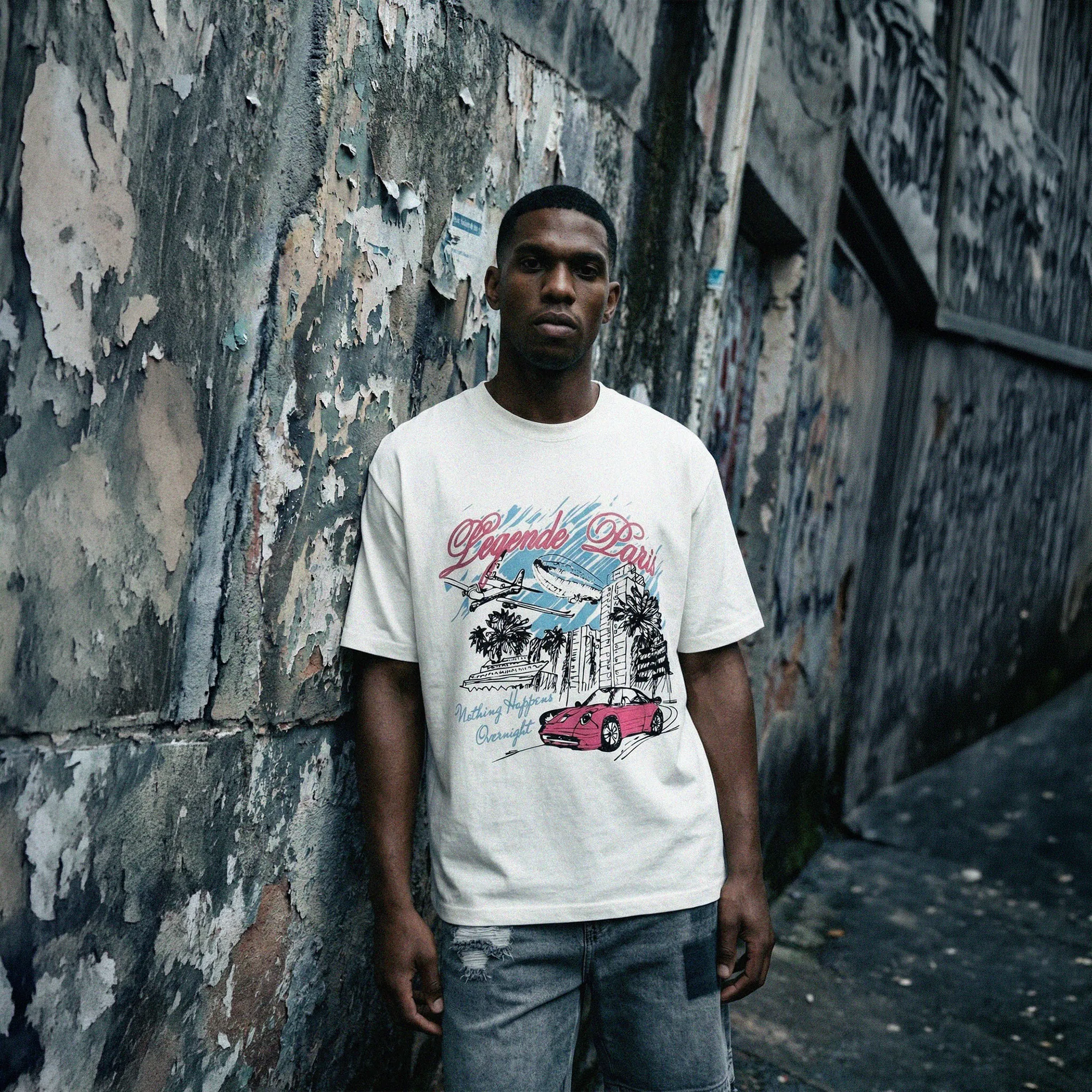 Model View of Légende Paris Overnight Sketch White T-Shirt