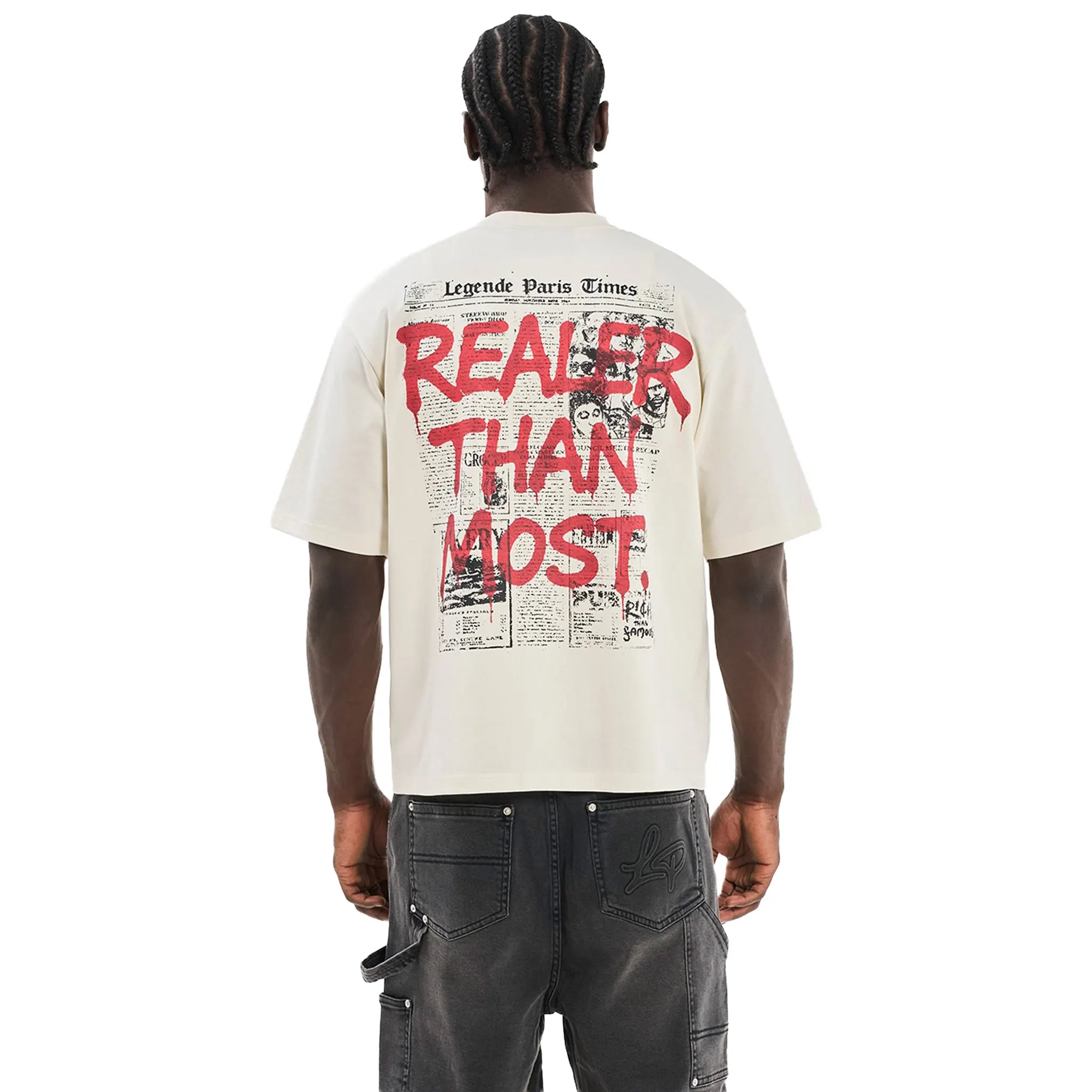 Back View of Legende Paris Rtm Newspaper Off White T-Shirt