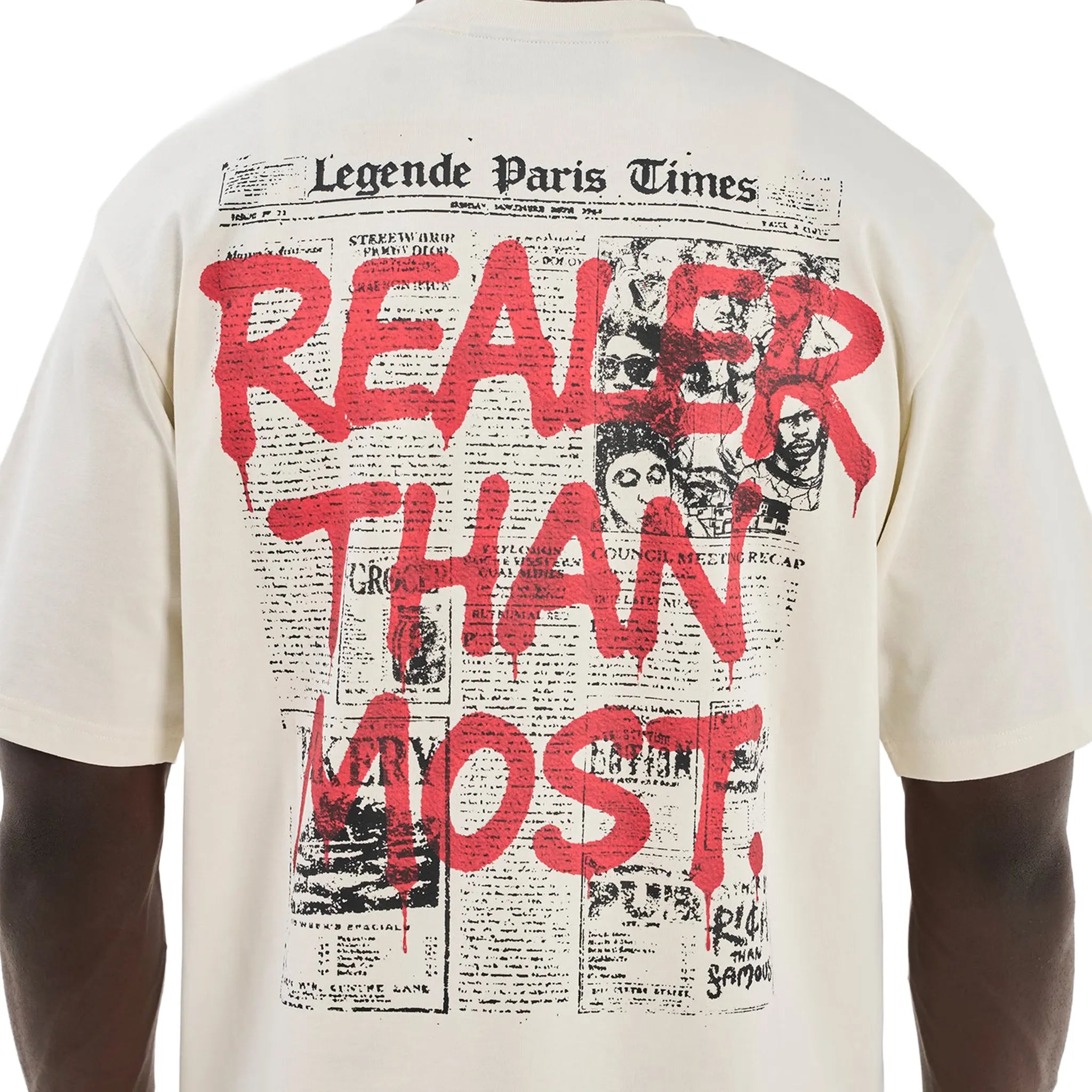Back View of Legende Paris Rtm Newspaper Off White T-Shirt