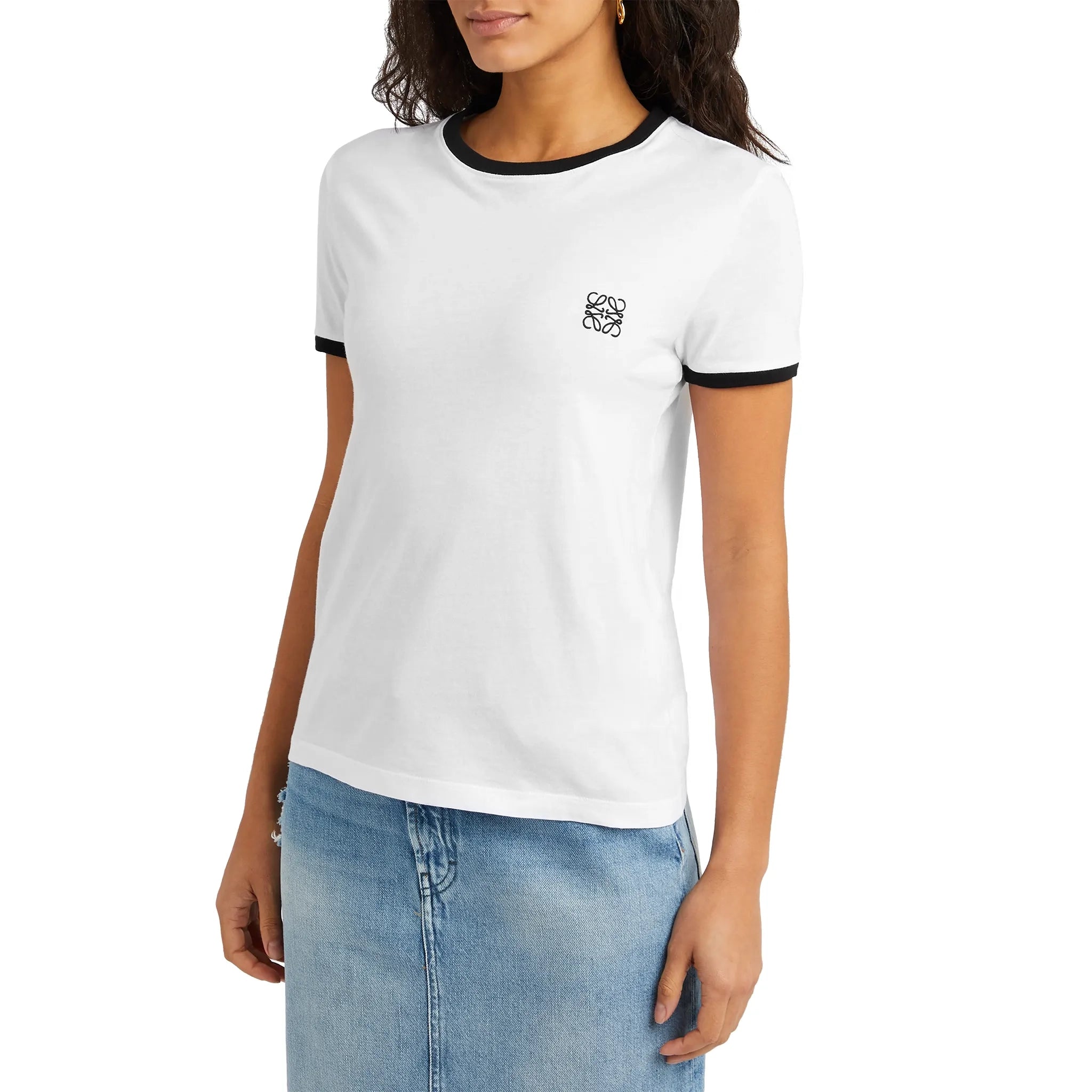 Model front view of Loewe Anagram Embroidered White Black T Shirt S359Y22X28-2101