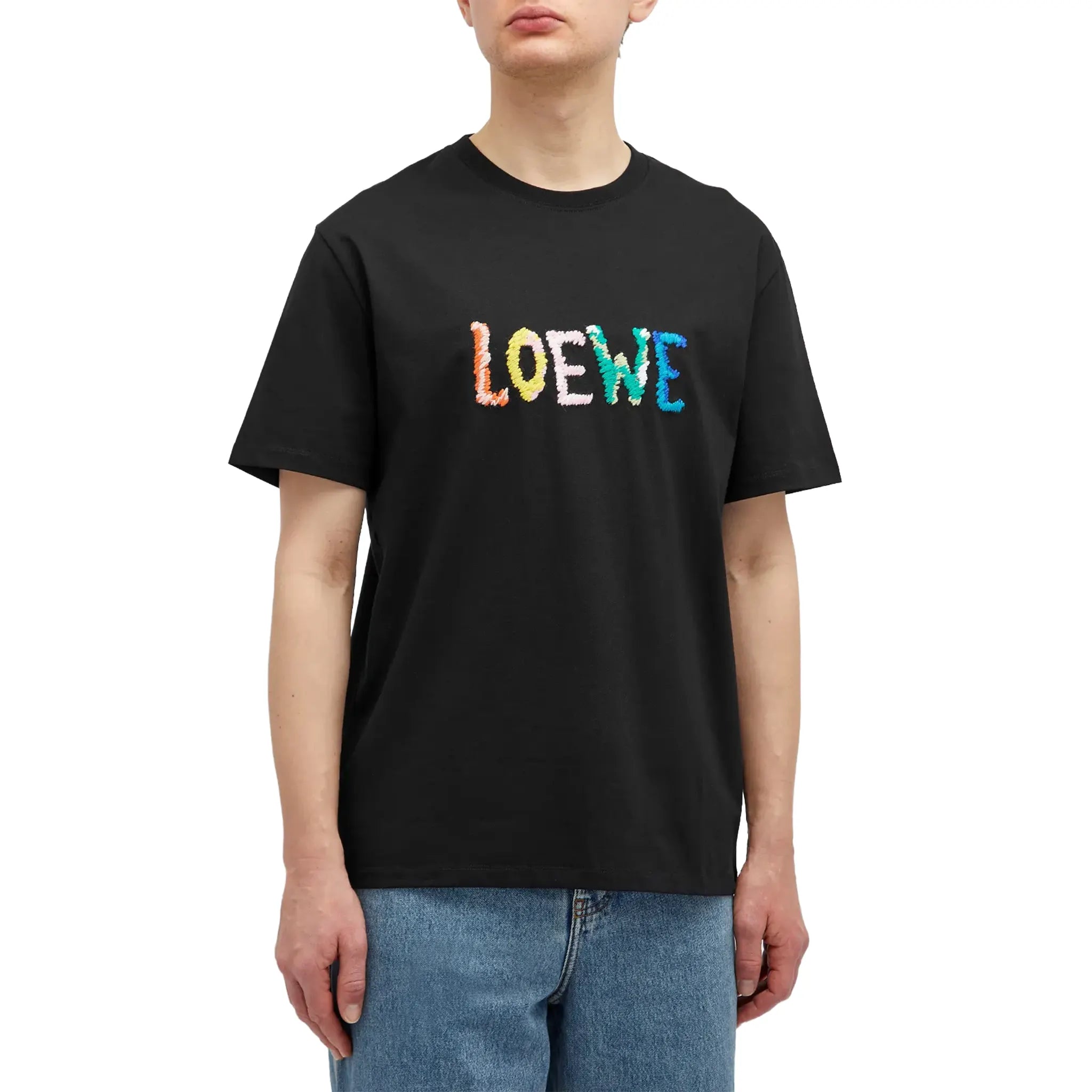 Front View of Loewe Embroidered Black T Shirt H526Y22XBF-1100