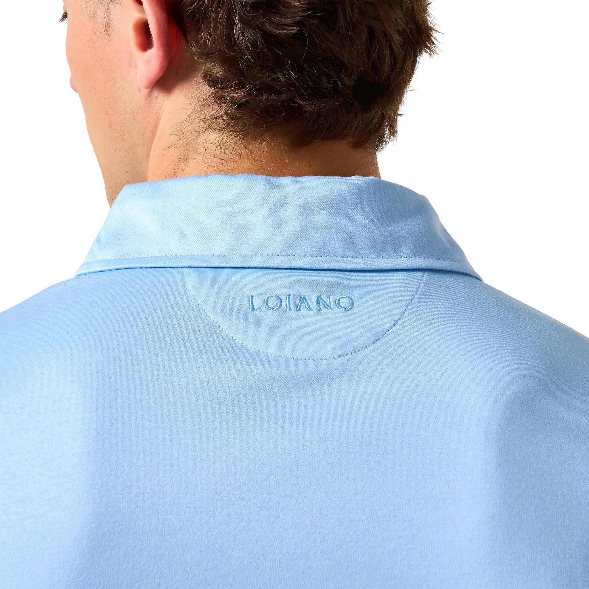 Detailed Back View of Loiano Egyptian Cotton Light Blue Polo Shirt