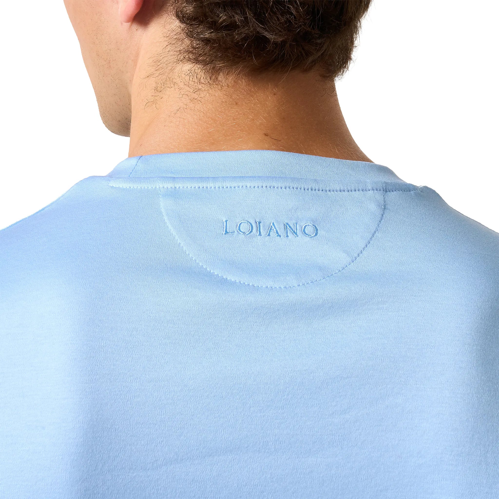 Detailed Back View of Loiano Egyptian Cotton Light Blue T-Shirt