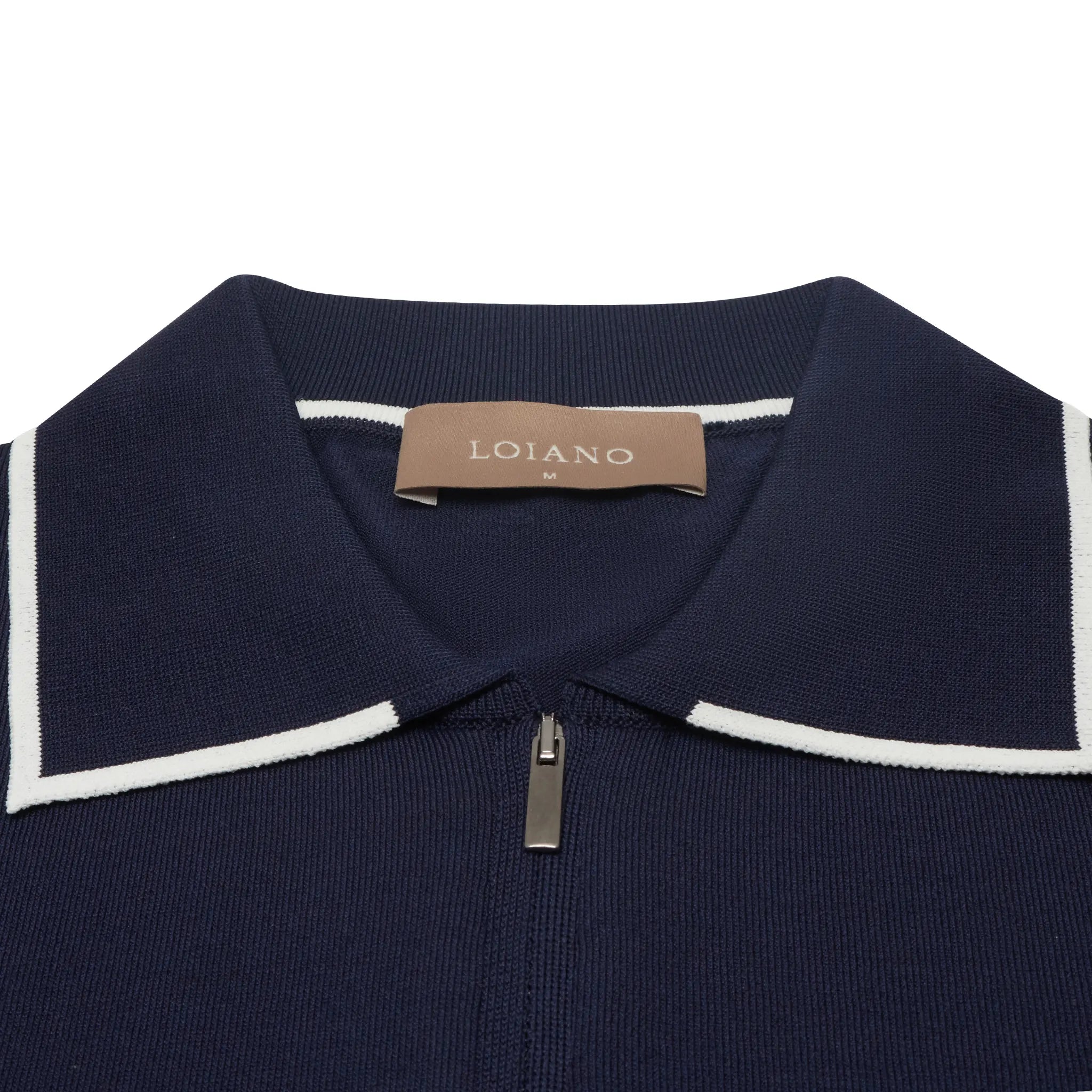 Detailed Neck View of Loiano Rayon Knit Navy Polo Shirt
