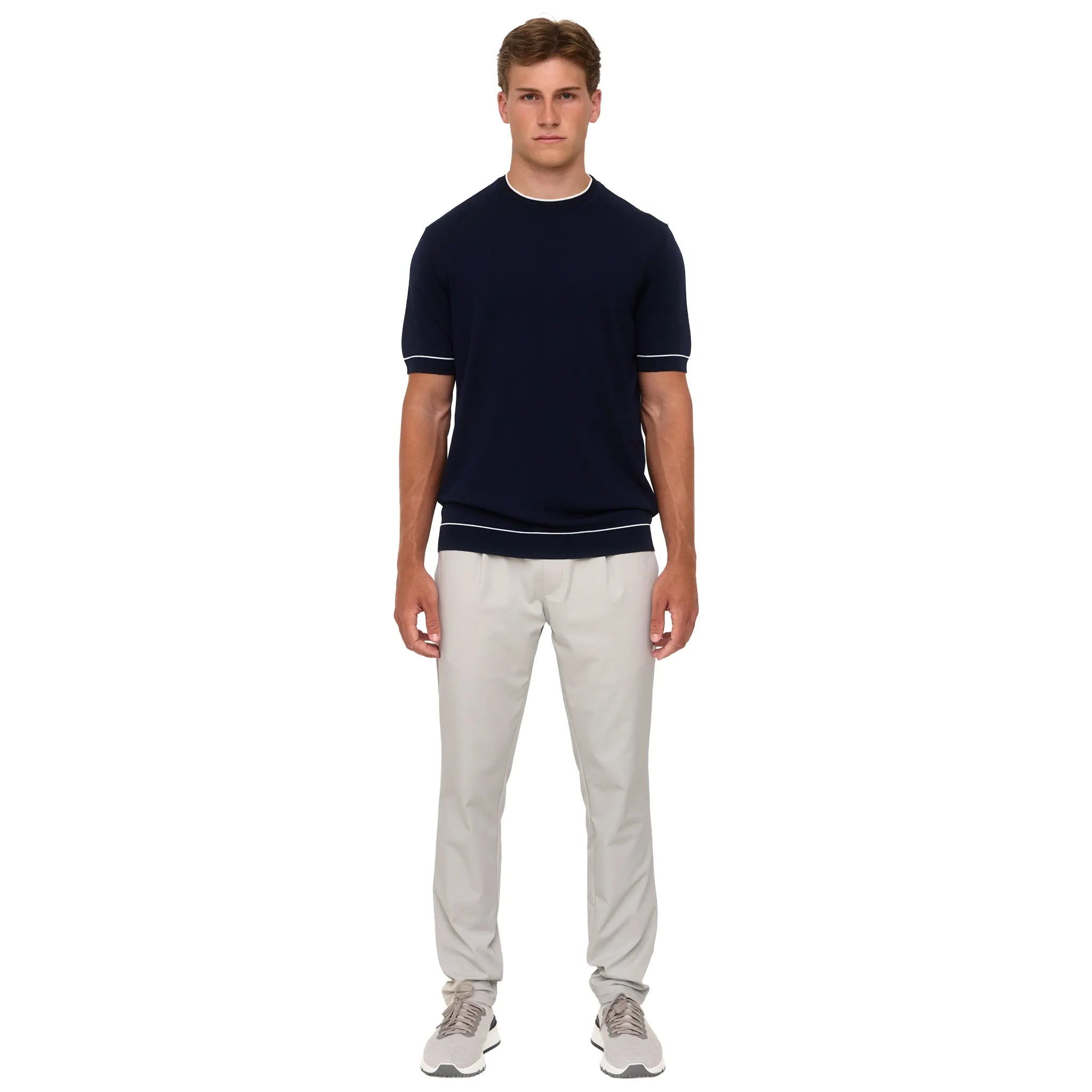 Front View of Loiano Rayon Knit Navy T-Shirt