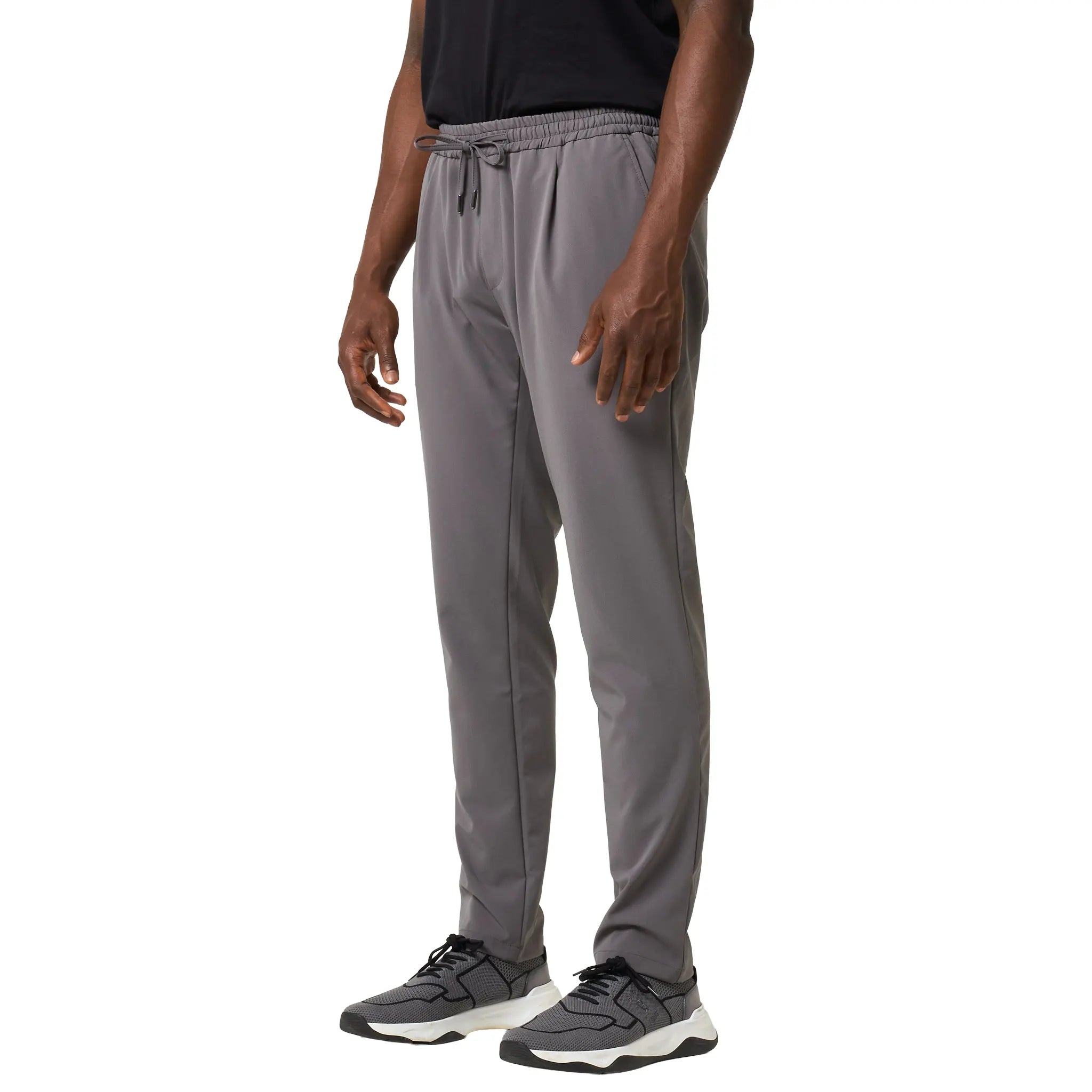 Front Side View of Loiano Tech Dark Grey Trousers