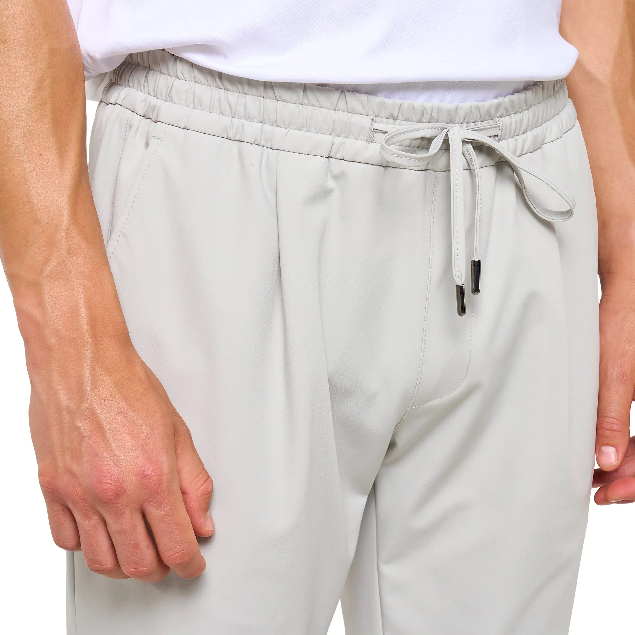 Detailed Front View of Loiano Tech Light Grey Trousers