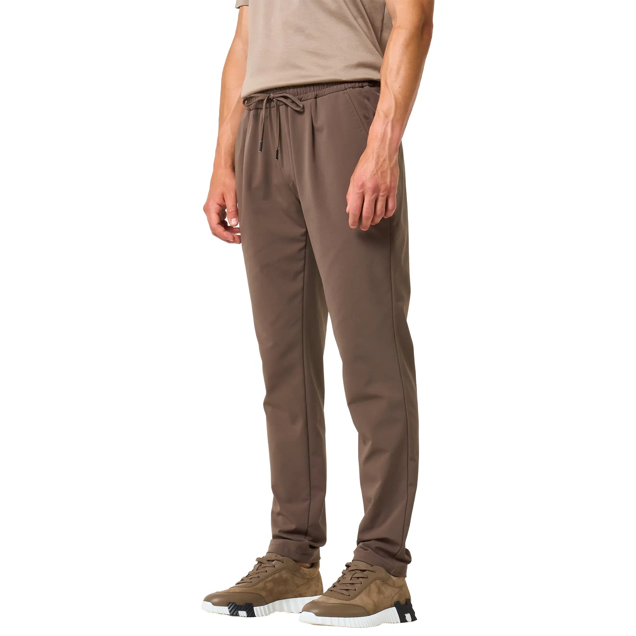 Front Side View of Loiano Tech Taupe Trousers