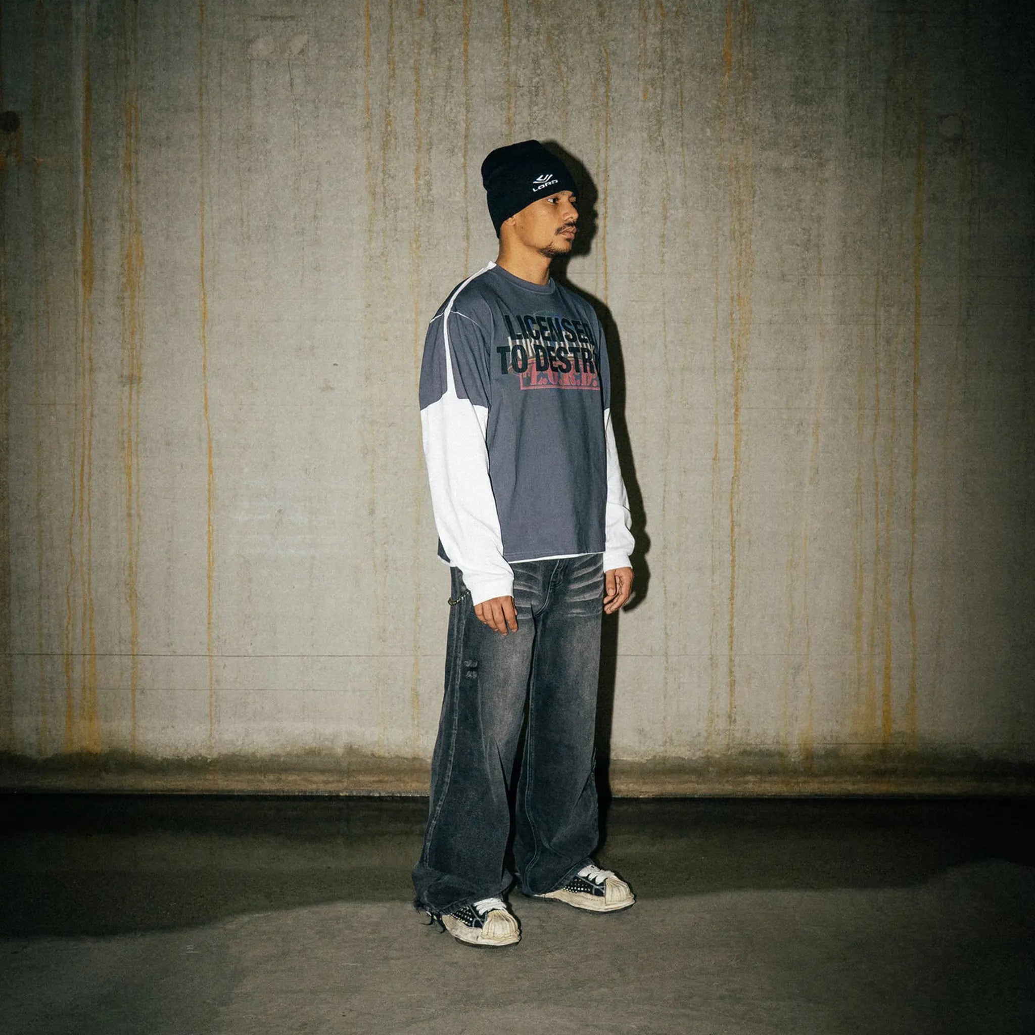 Front Side View of Lord Culture Trompe L'oeil L/S Black T-Shirt