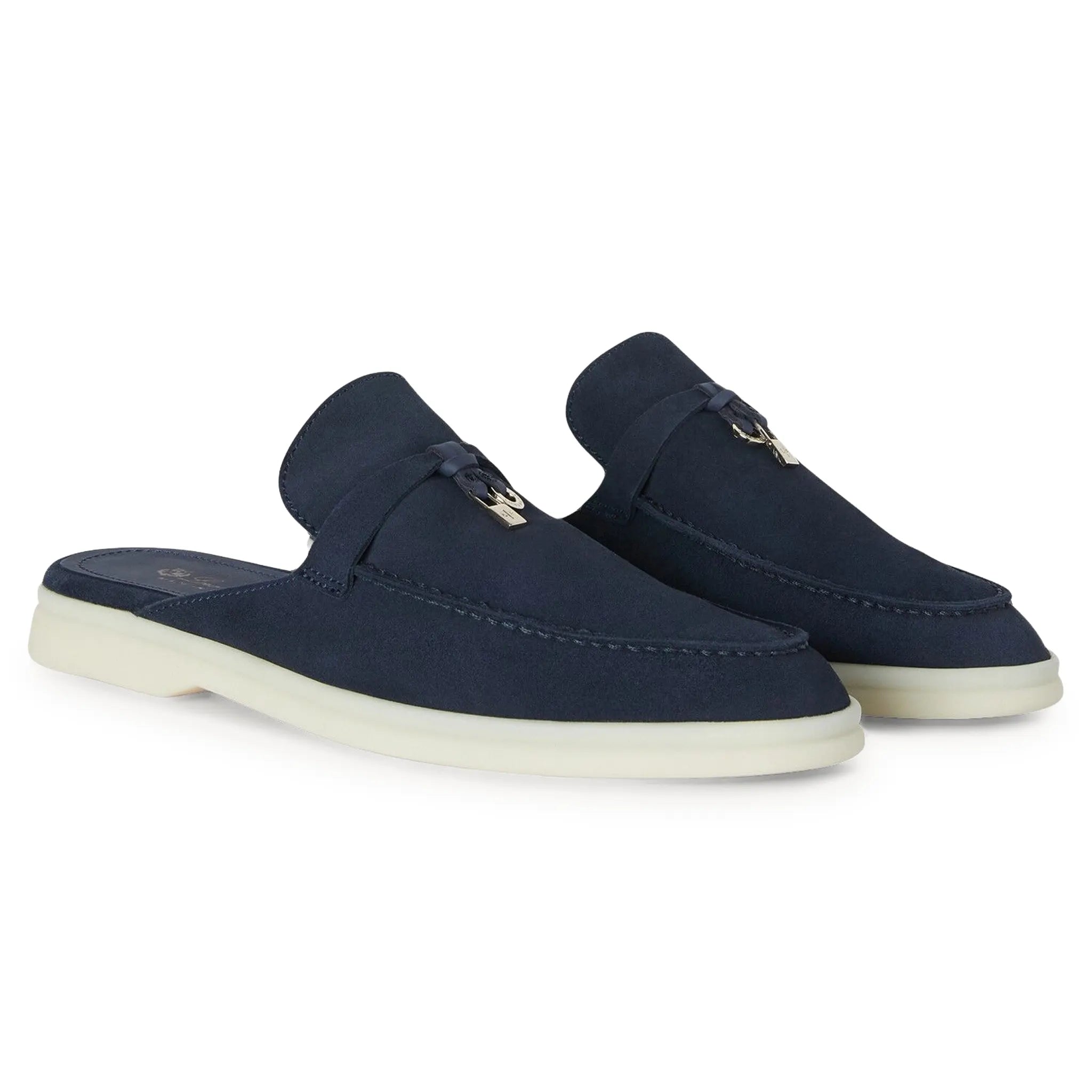 Front Side View of Loro Piana Babouche Walk Suede Argo Blue Melange Loafers FAI1543_W948