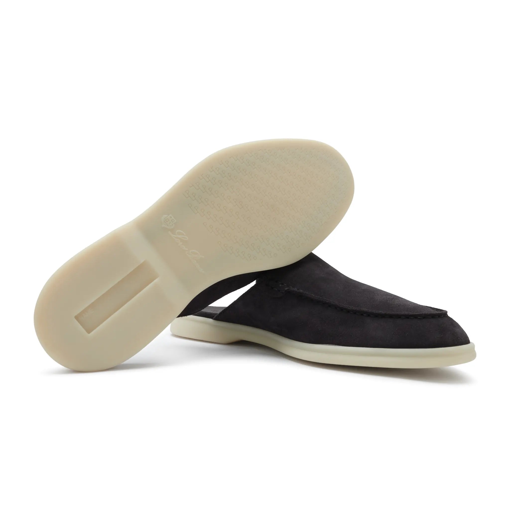 Sole Side View of Loro Piana Babouche Walk Suede Ink Loafers FAM3488_MA56