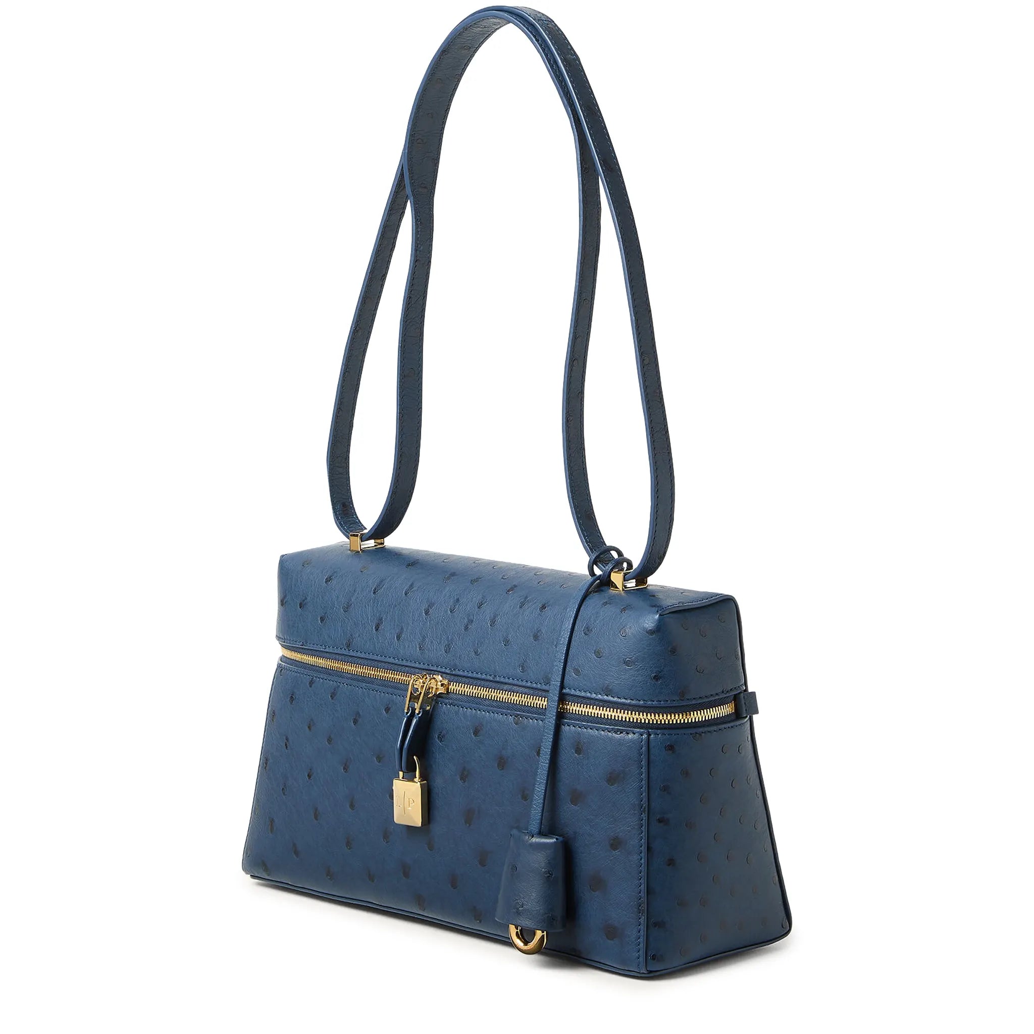 Front Side View of Loro Piana Extra Bag L27 Ostrich Leather Ocean Heart Sun Gold Shoulder Bag FAO0975_W1EH