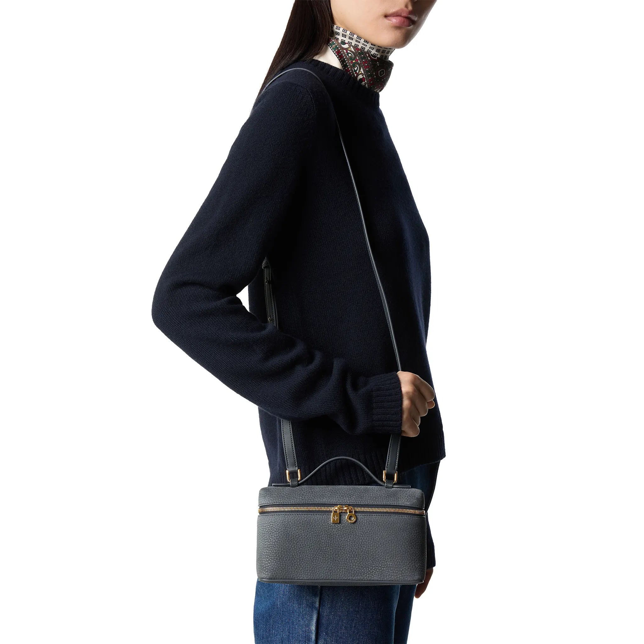 Model View of Loro Piana Extra Pocket L19 Calfskin Blue Green Sun Gold Shoulder Bag FAP6658_706E