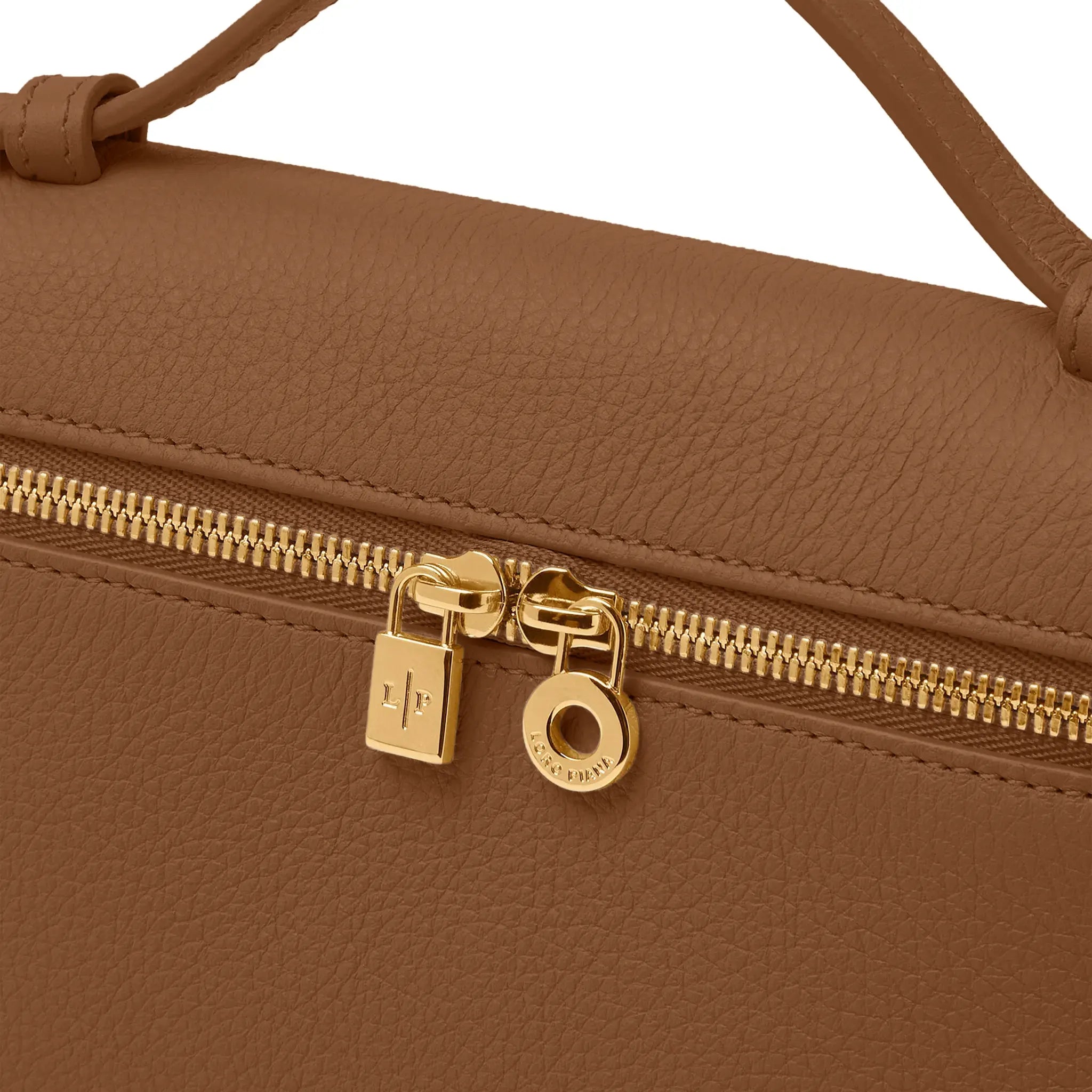 Detailed Front View of Loro Piana Extra Pocket L19 Camel Sun Gold Shoulder Bag