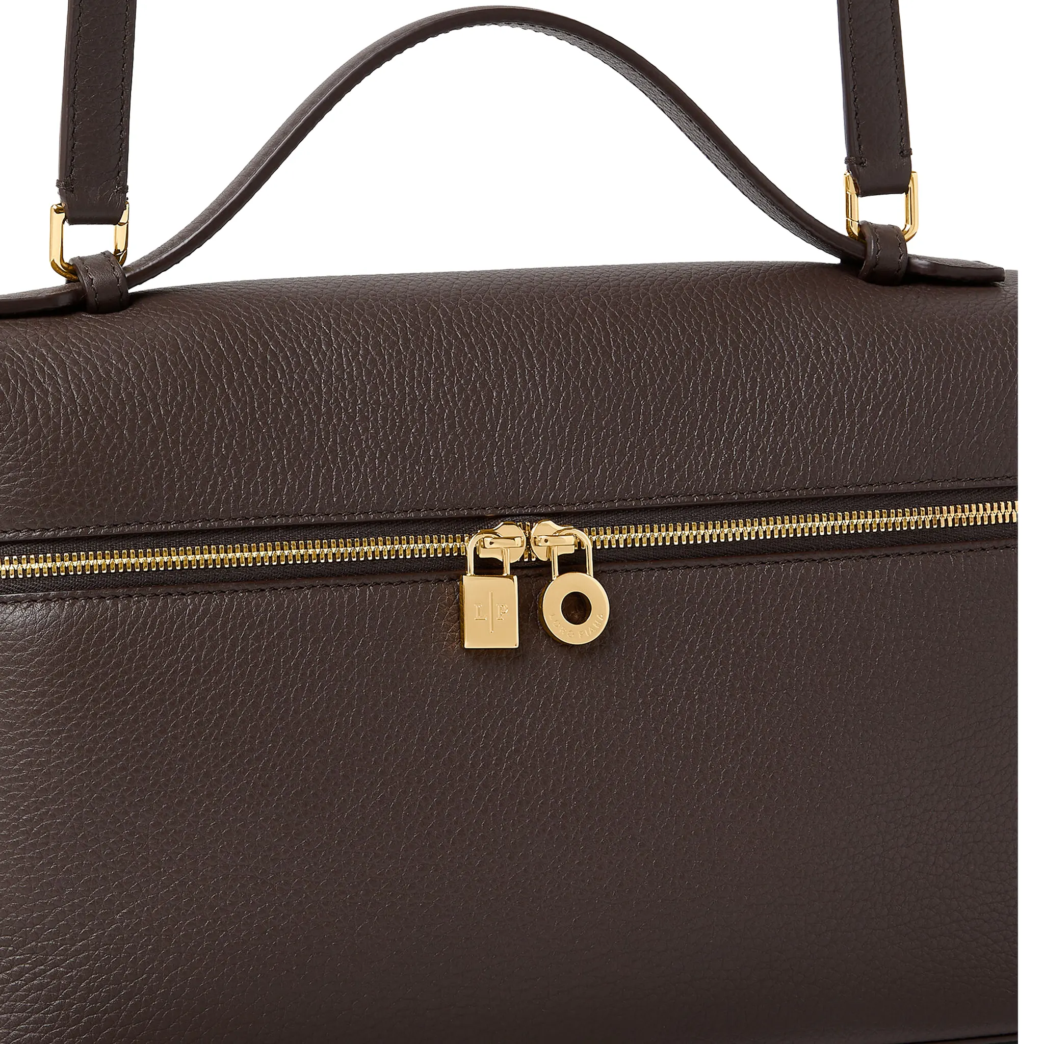 Detailed Front View of Loro Piana Extra Pocket L19 Dark Chocolate Sun Gold Shoulder Bag FAN4045_H0TO