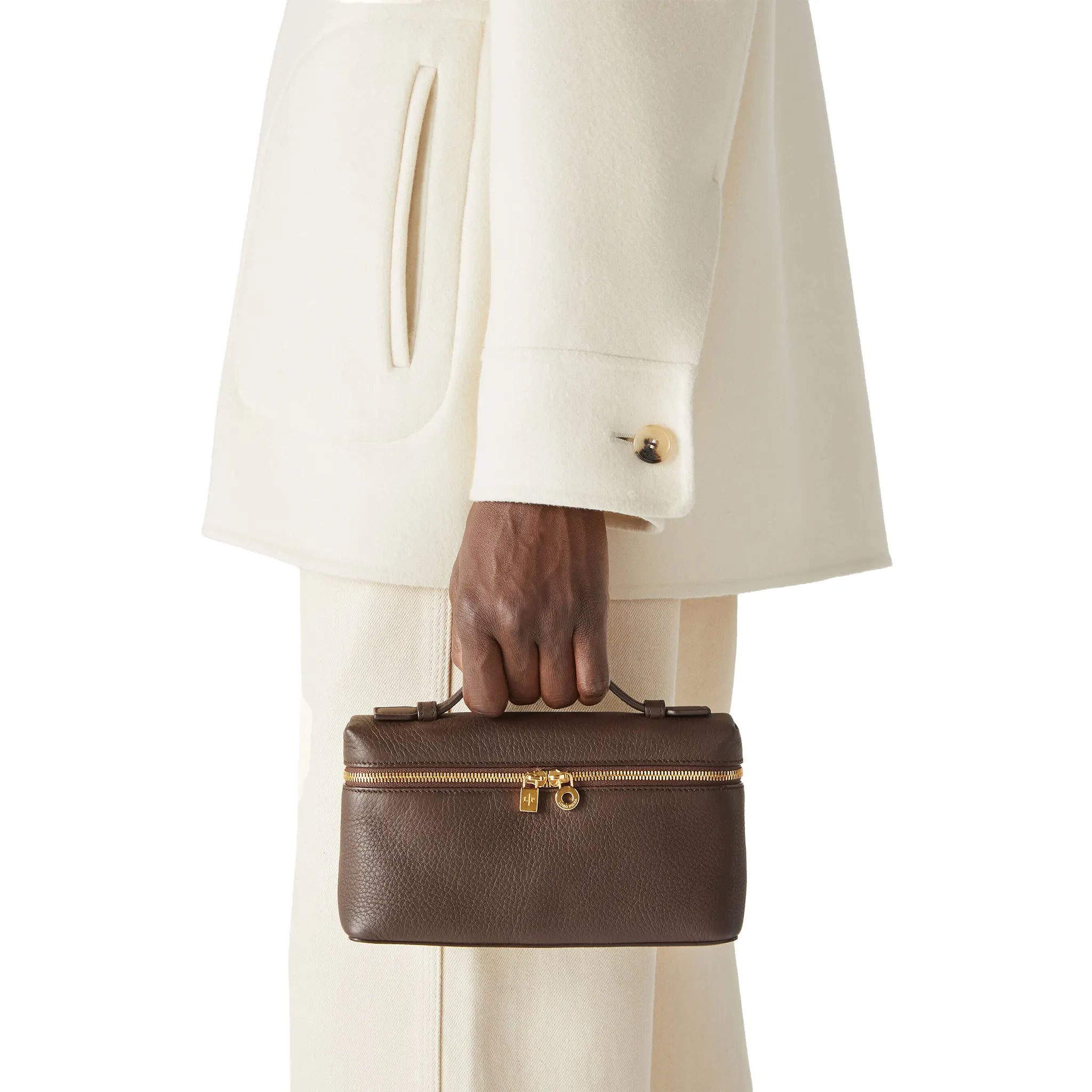 Front View of Loro Piana Extra Pocket L19 Dark Chocolate Sun Gold Shoulder Bag FAN4045_H0TO