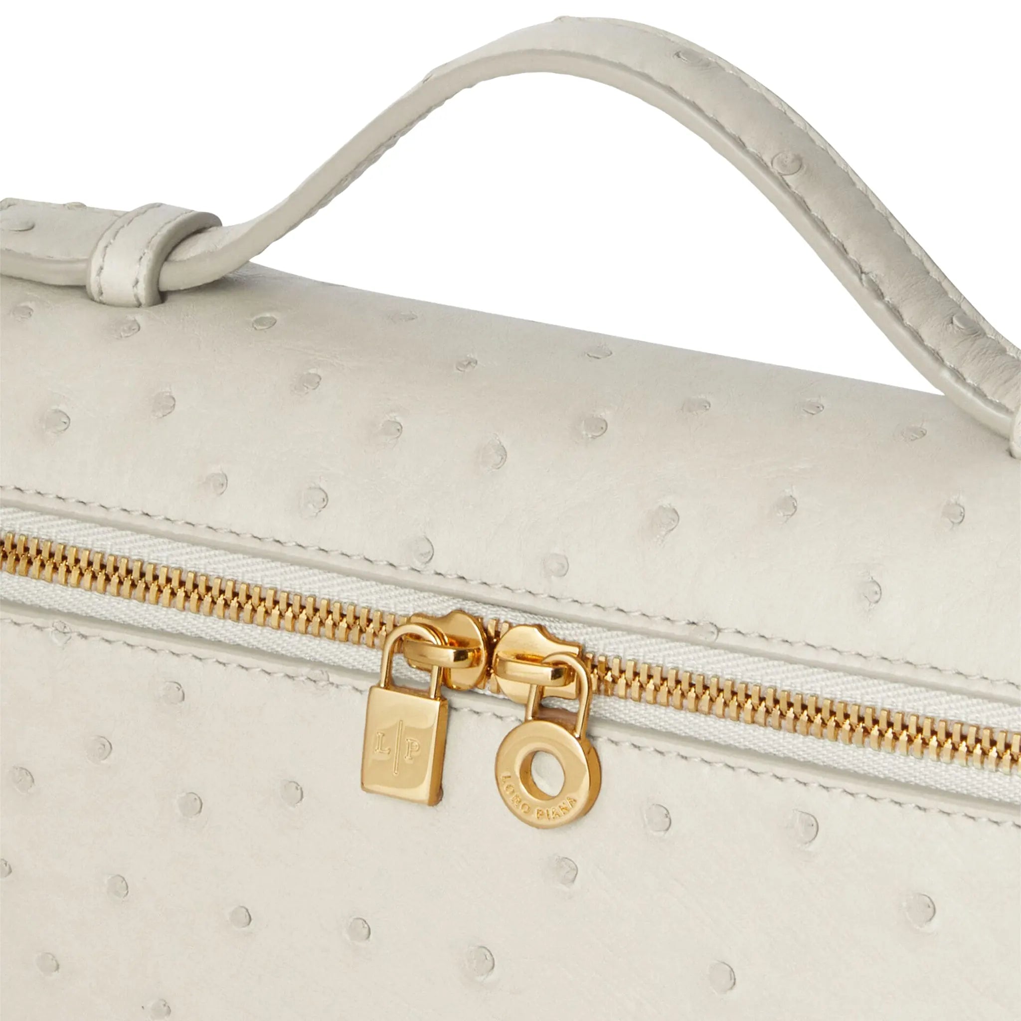 Detailed View of Loro Piana Extra Pocket L19 Ostrich Leather Whisper White Sun Gold Shoulder Bag FAN4199_108U