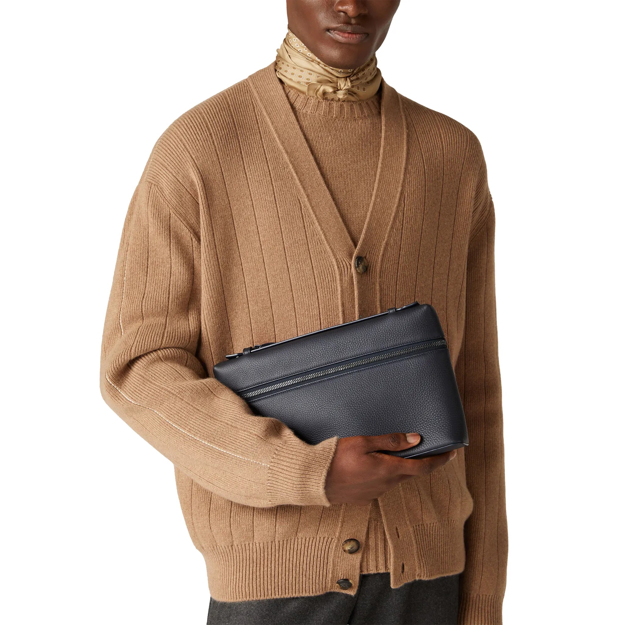 Model View of Loro Piana Extra Pouch L29 Calfskin Blue Navy Onyx FAN9085_W1BI