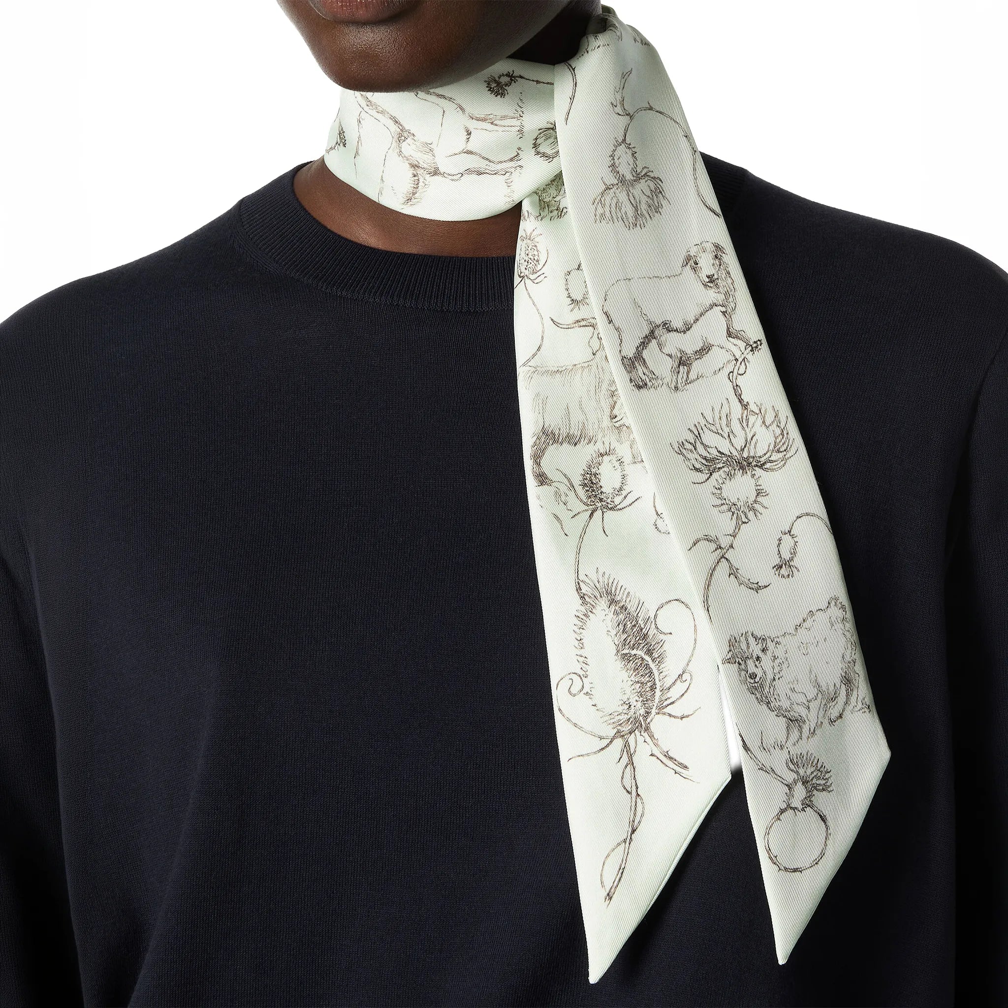 Model View of Loro Piana Le Origini Delle Eccellenze Feather Green Graphite Silk Tie Band FAQ2528_T2ED