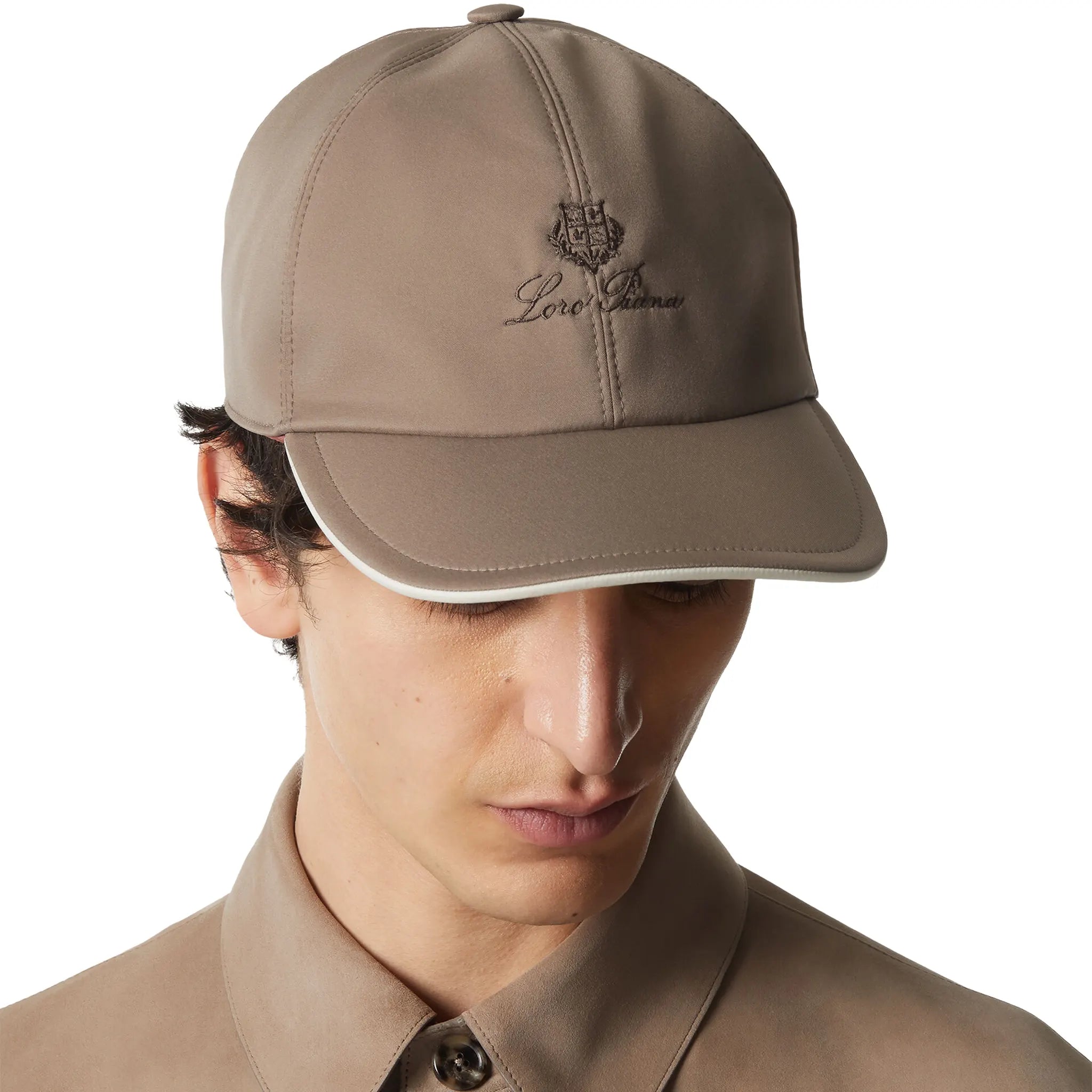 Front View of Loro Piana Microfibre Storm System Almond Ivory Baseball Cap FAP9958_B5U6
