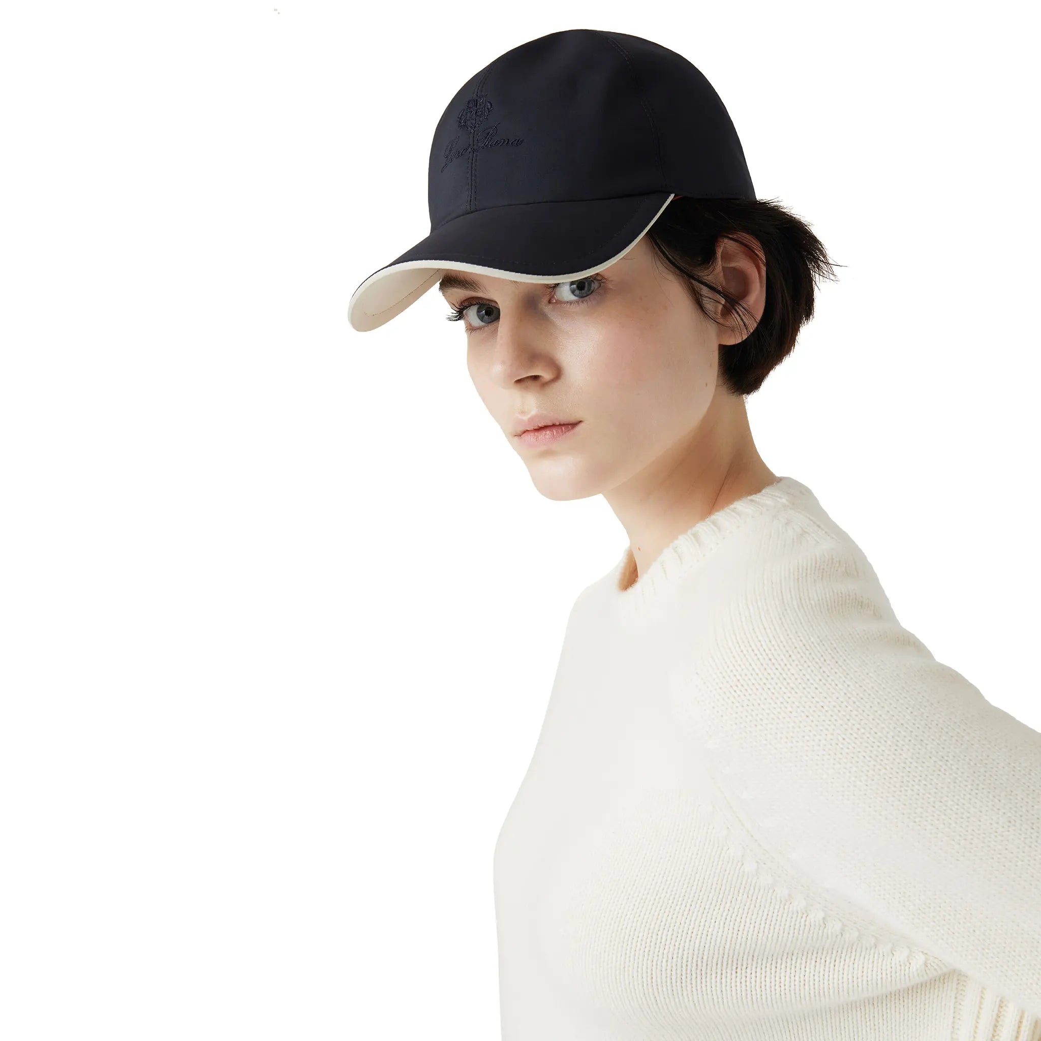 Model front side view of Loro Piana Microfibre Storm System Onyx Ivory Baseball Cap FAB1977_B3NL