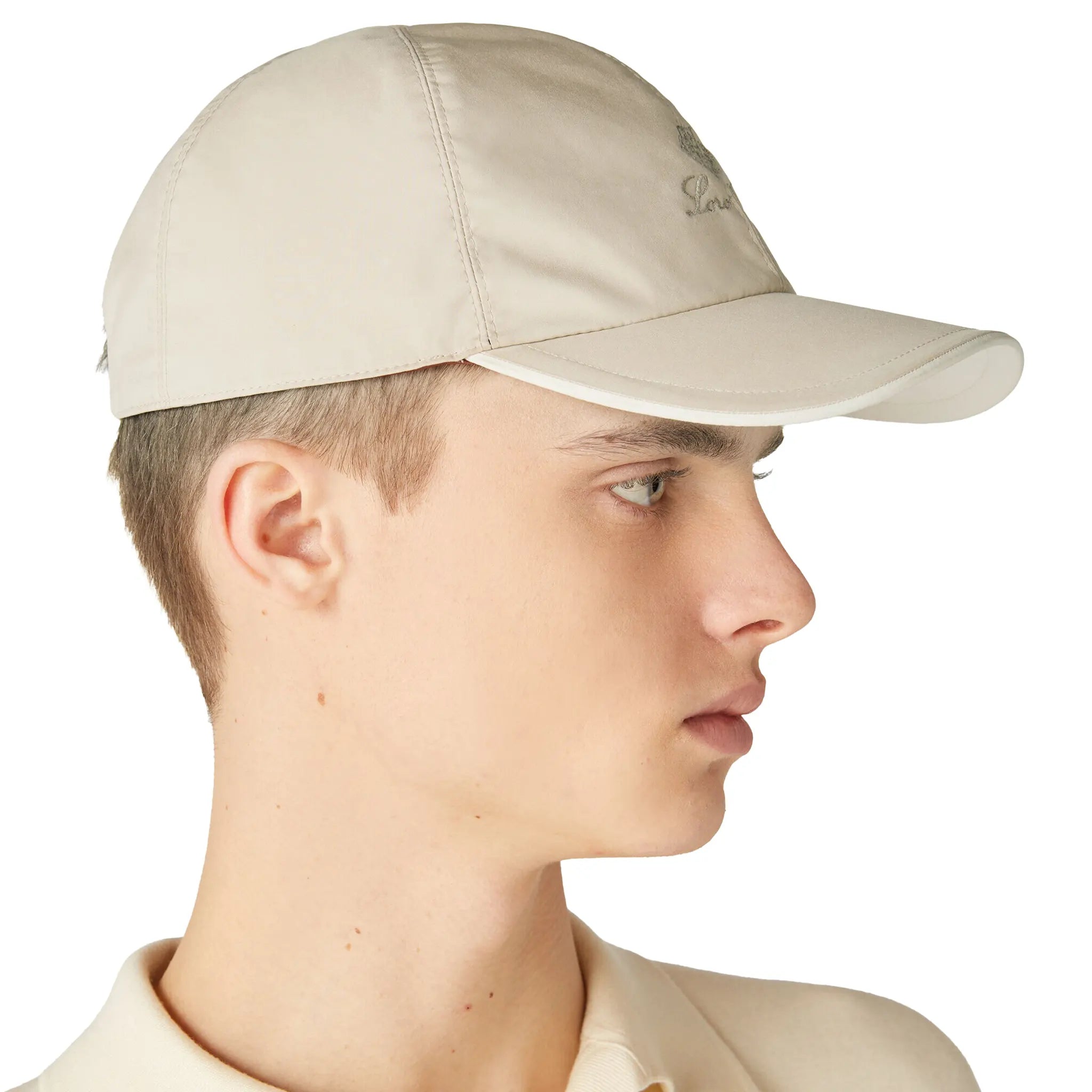 Model Front Side View of Loro Piana Microfibre Storm System Sand Shell Ivory Baseball Cap FAP9958_B3NM