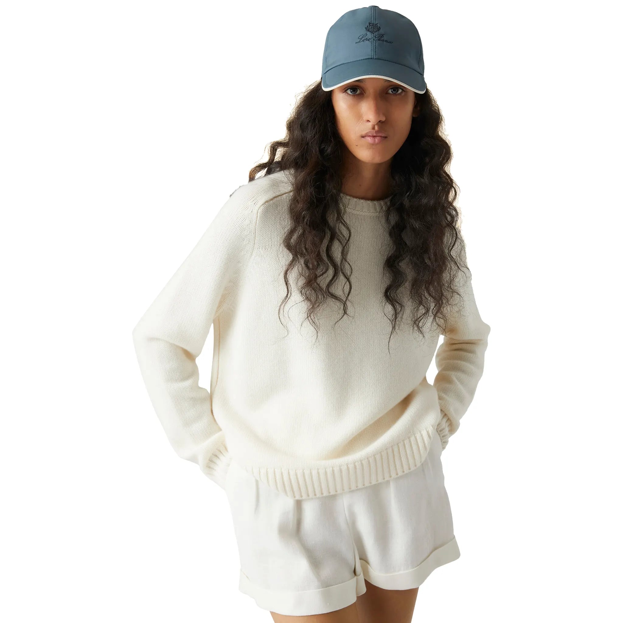 Model view of Loro Piana Microfibre Storm System Seaweed Ivory Baseball Cap