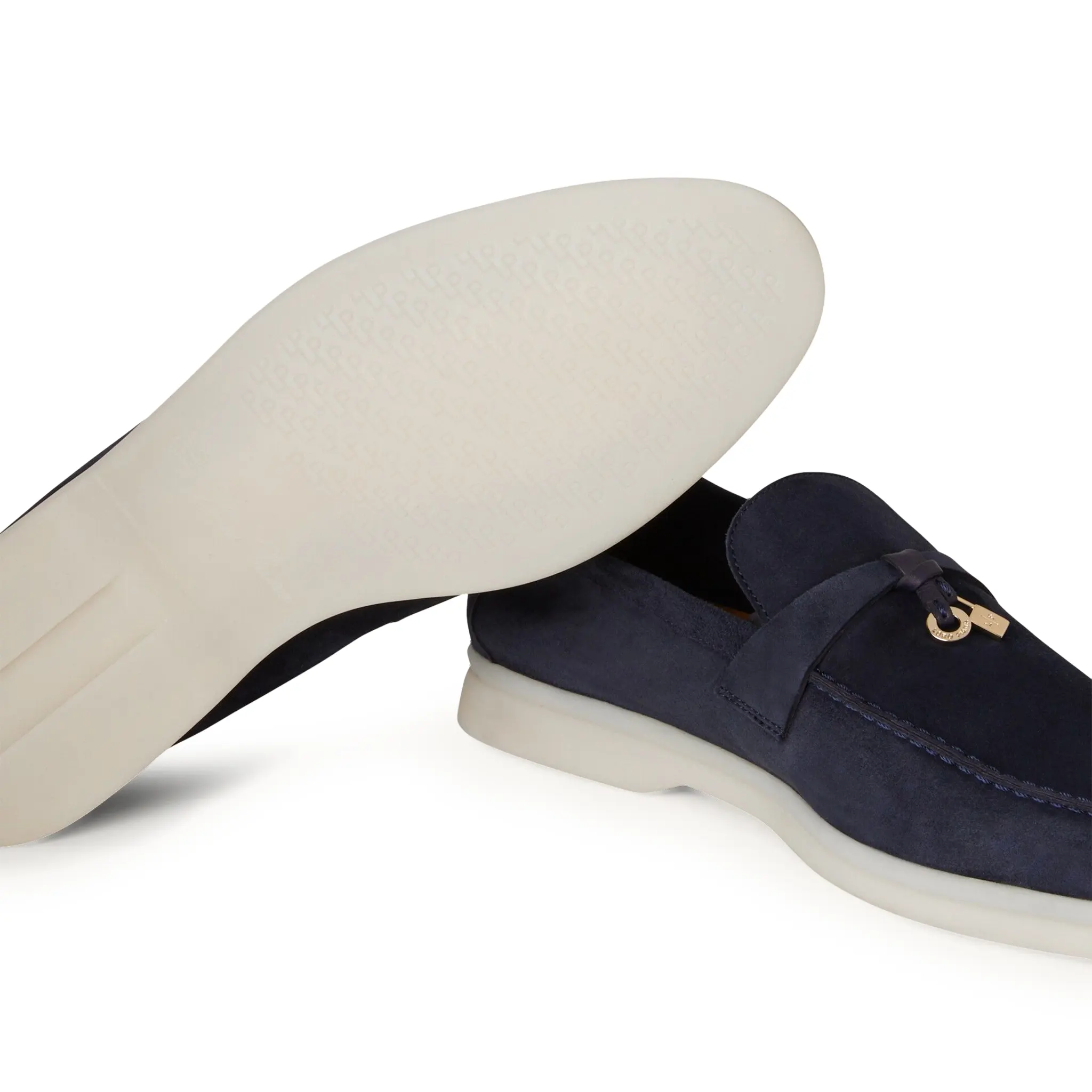Sole Side View of Loro Piana Summer Charms Suede Argo Blue Melange Loafers FAE5444_W948