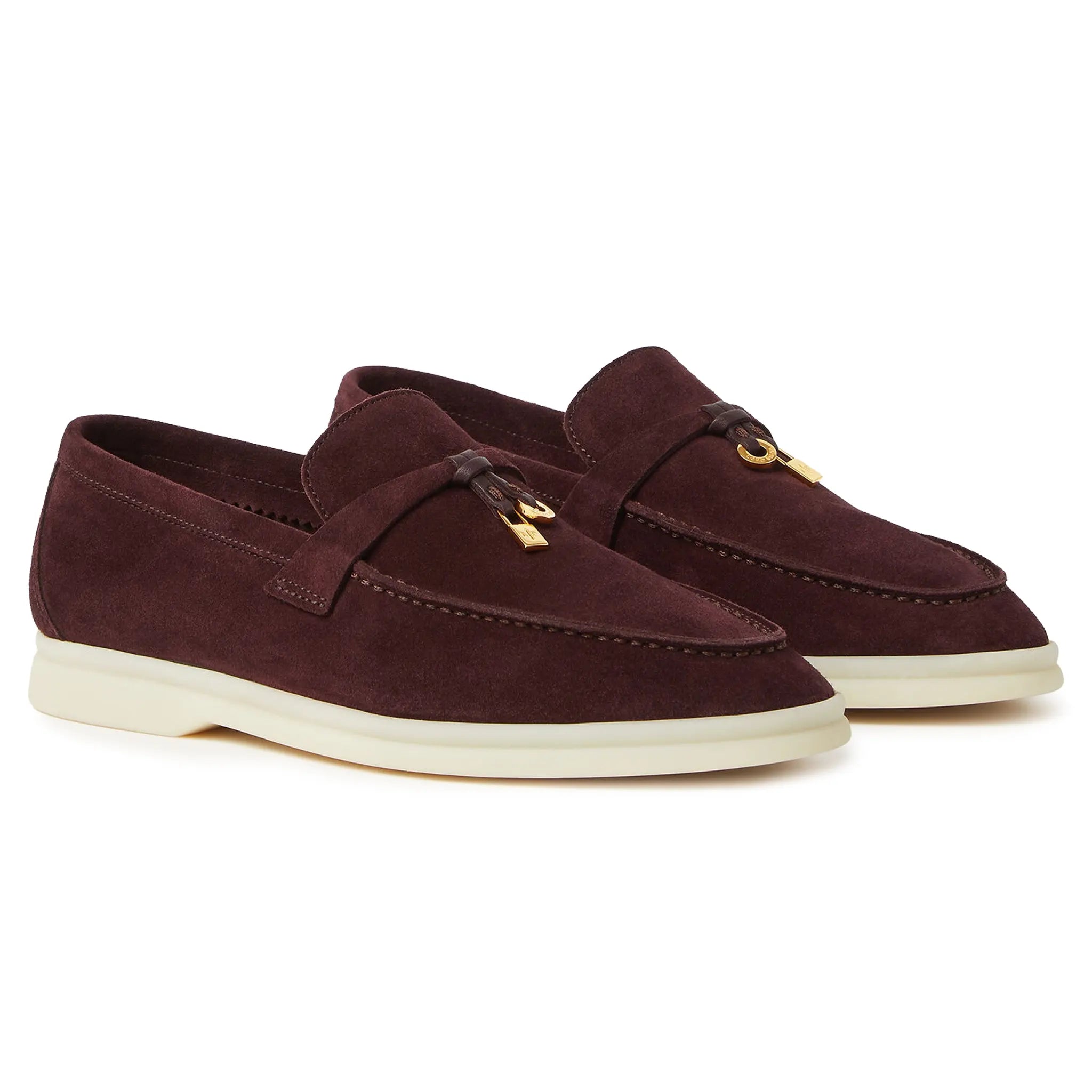 Front Side View of Loro Piana Summer Charms Suede Dark Roast Loafers FAE5444_H1NF