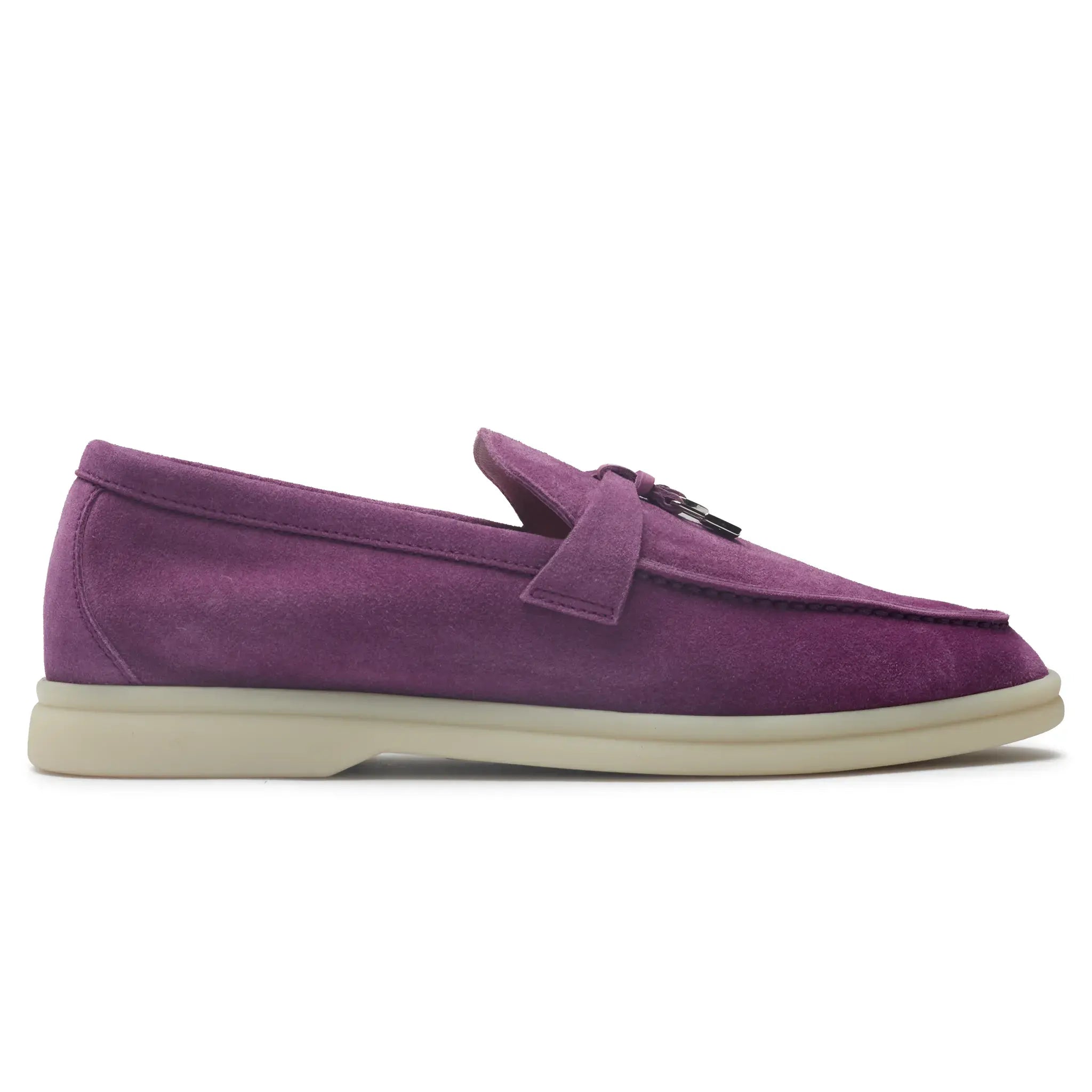 Side View of Loro Piana Summer Charms Suede Purple Daisy Loafers FAE5444_K01P
