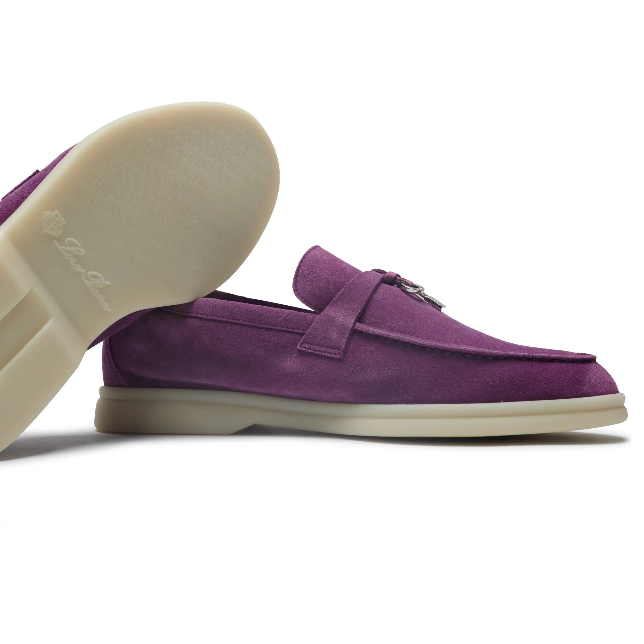 Side Sole View of Loro Piana Summer Charms Suede Purple Daisy Loafers FAE5444_K01P