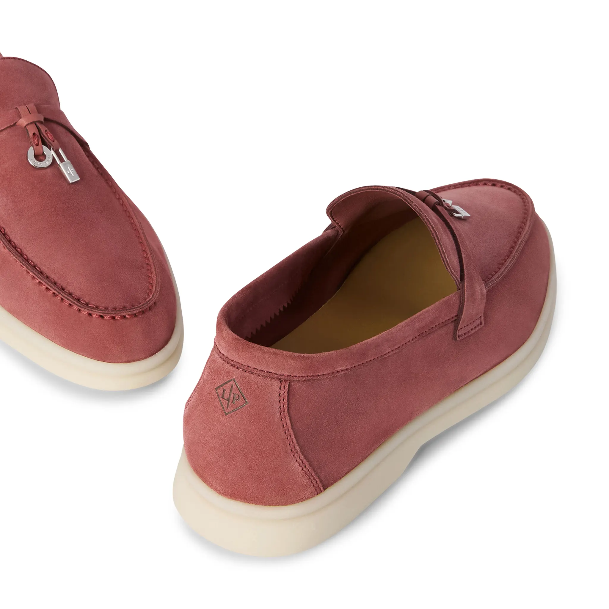 Back Side View of Loro Piana Summer Charms Suede Red Orchid Loafers FAE5444_R09E