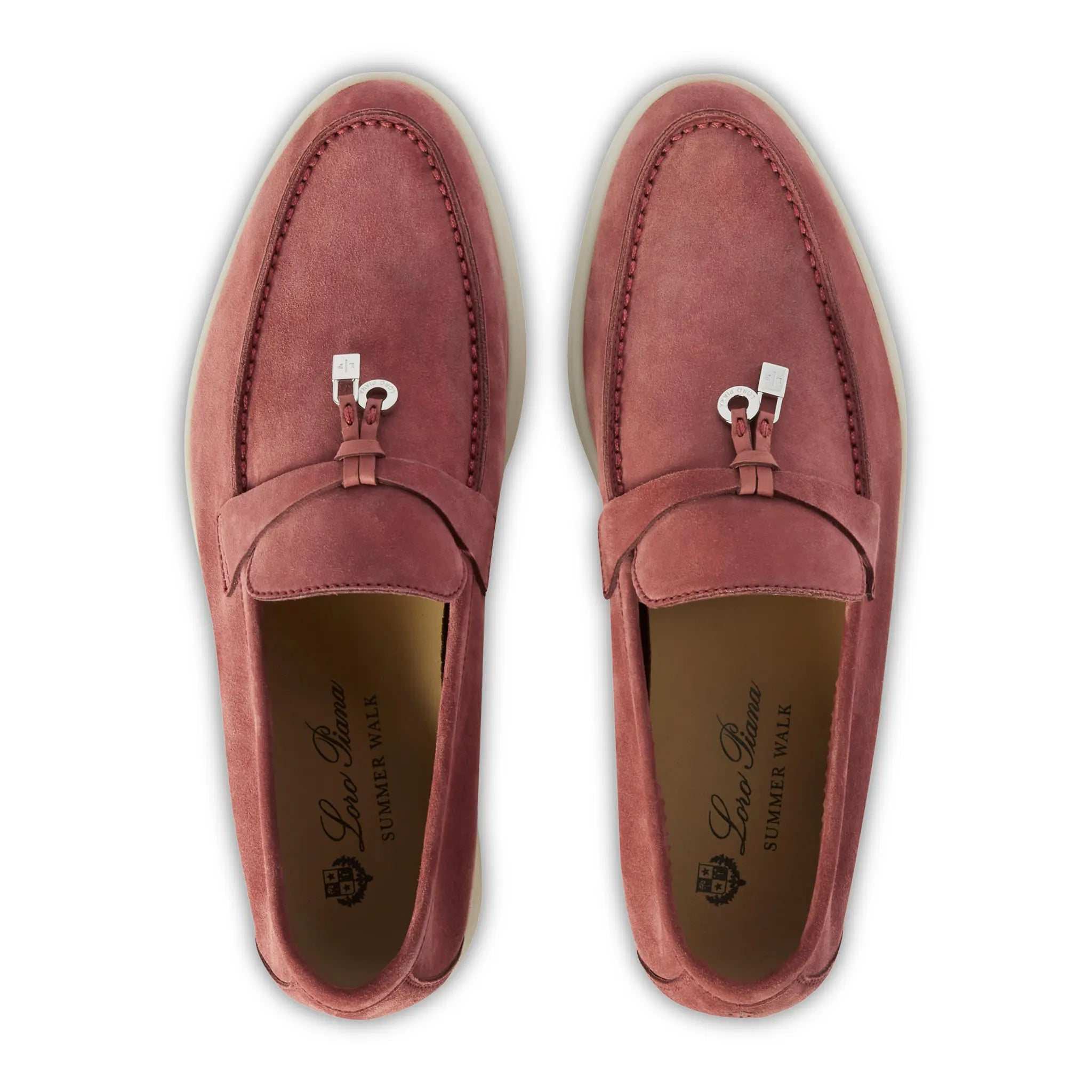Upper View of Loro Piana Summer Charms Suede Red Orchid Loafers FAE5444_R09E