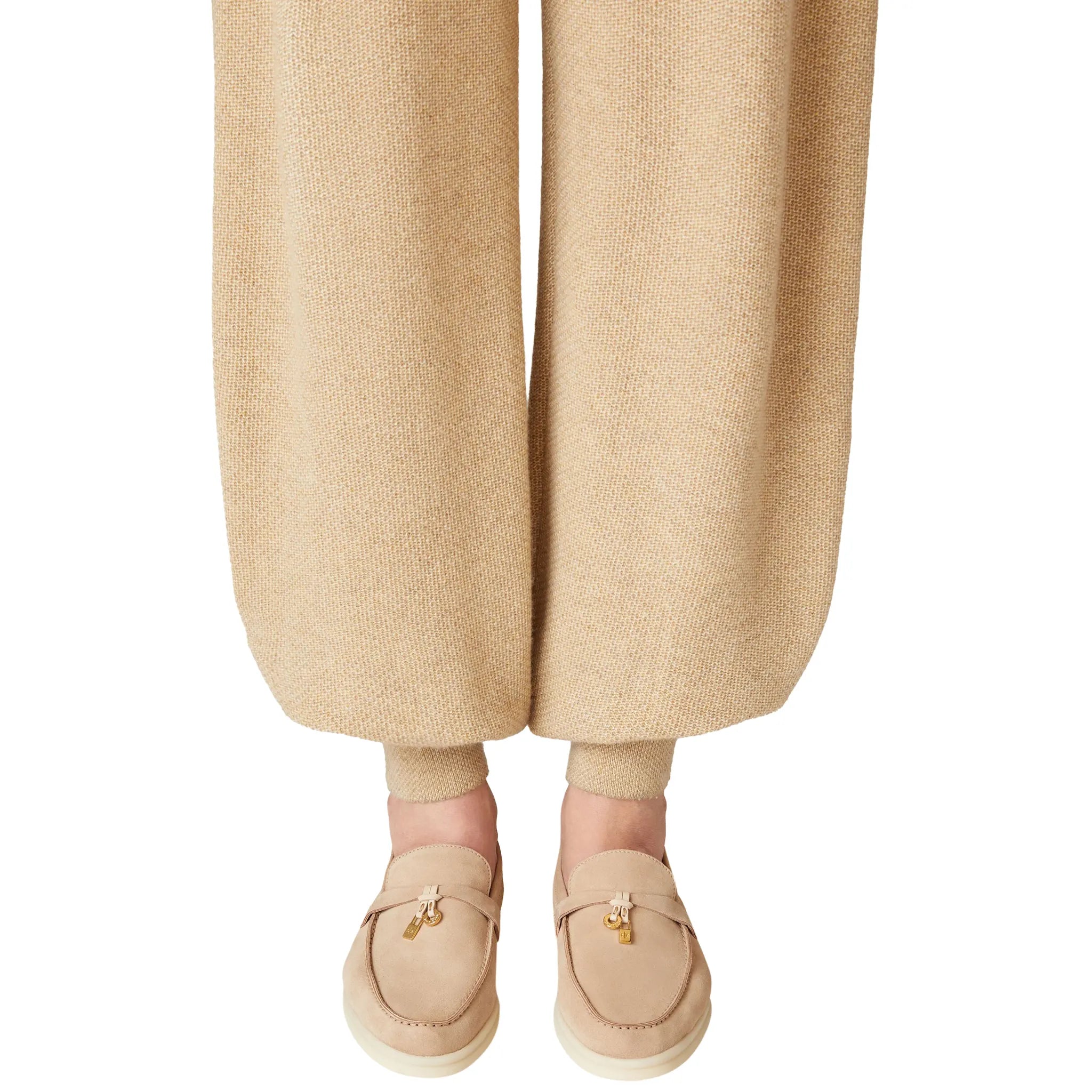 Model View of Loro Piana Summer Charms Suede Sandstone Loafers FAE5444