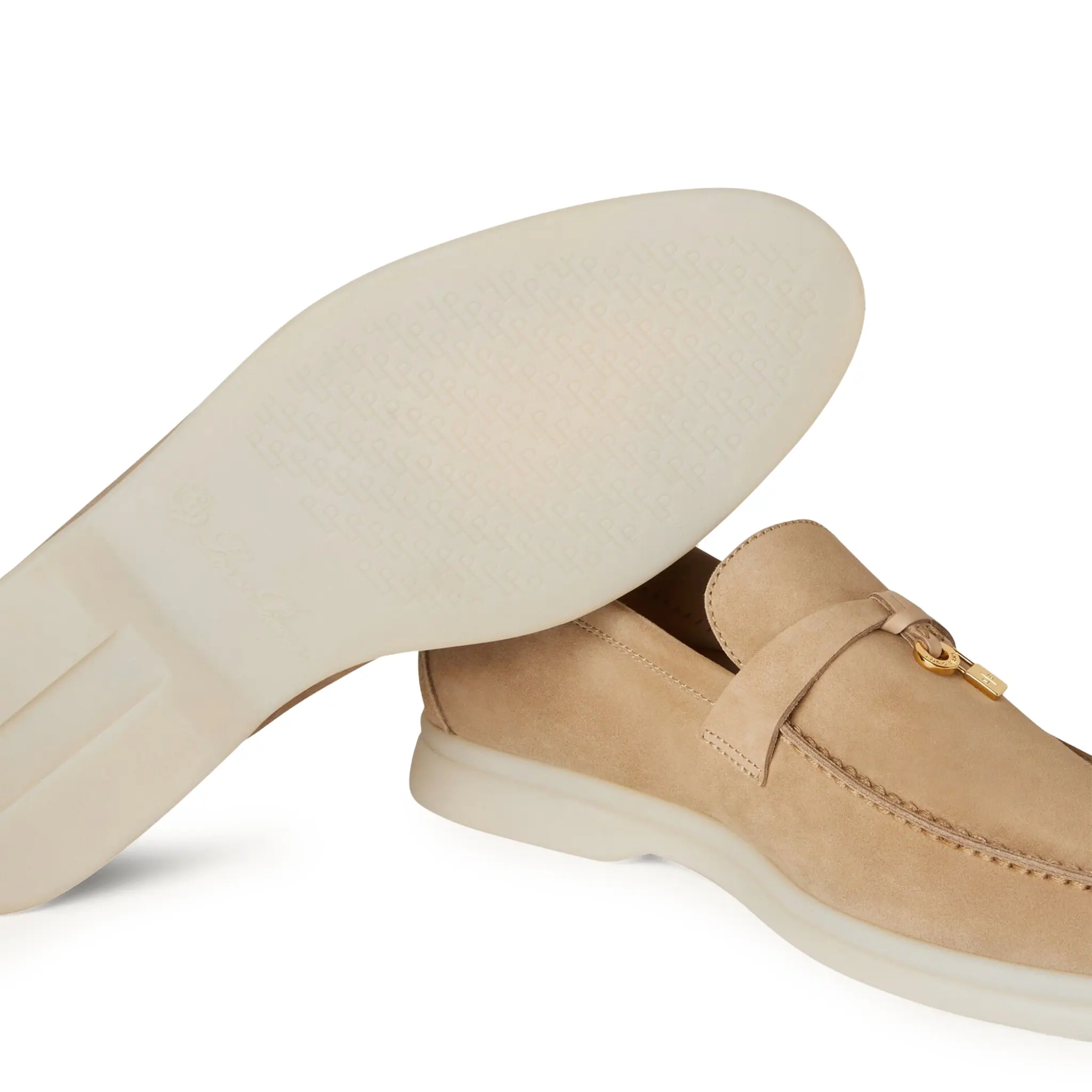 Sole Side View of Loro Piana Summer Charms Suede Sandstone Loafers FAE5444