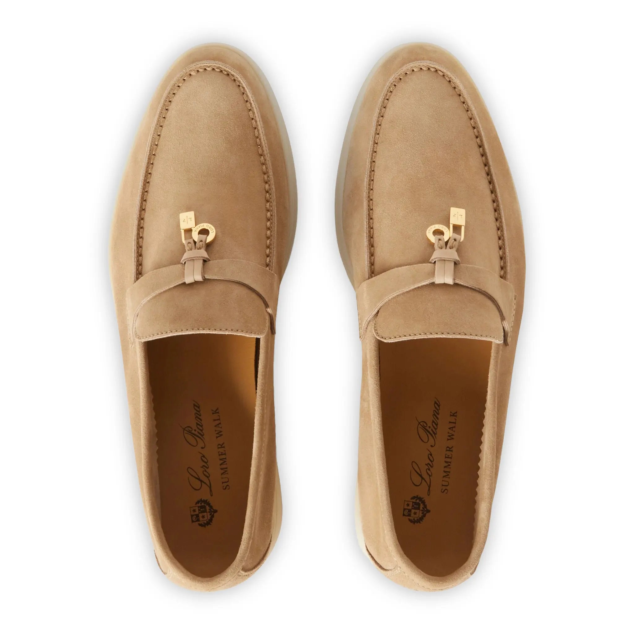Upper View of Loro Piana Summer Charms Suede Sandstone Loafers FAE5444