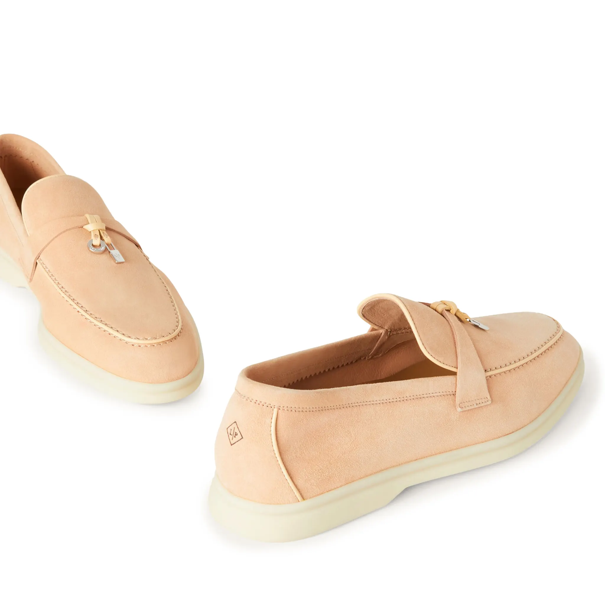 Detail view of Loro Piana Summer Charms Walk Suede Goatskin Pink Reef Loafers FAL5899