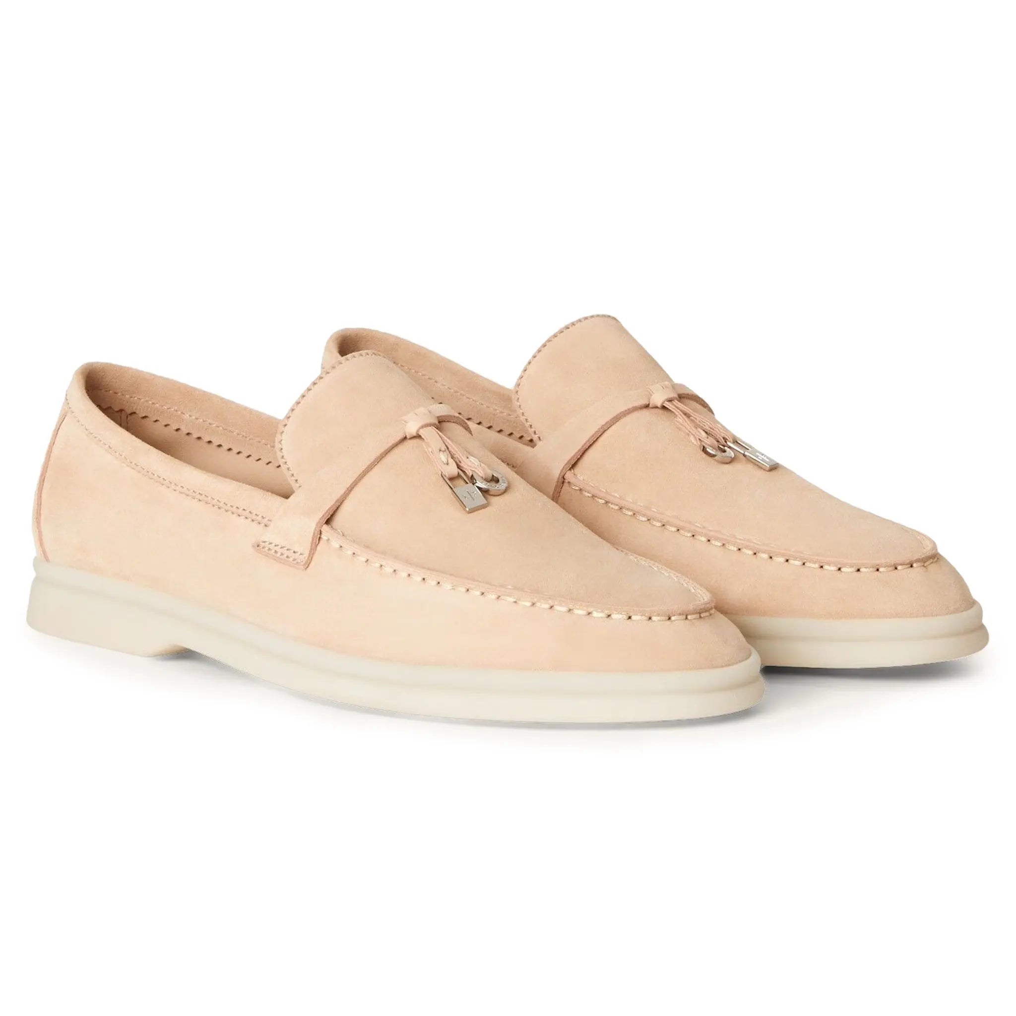 Pair view of Loro Piana Summer Charms Walk Suede Goatskin Pink Sand Loafers FAE5444