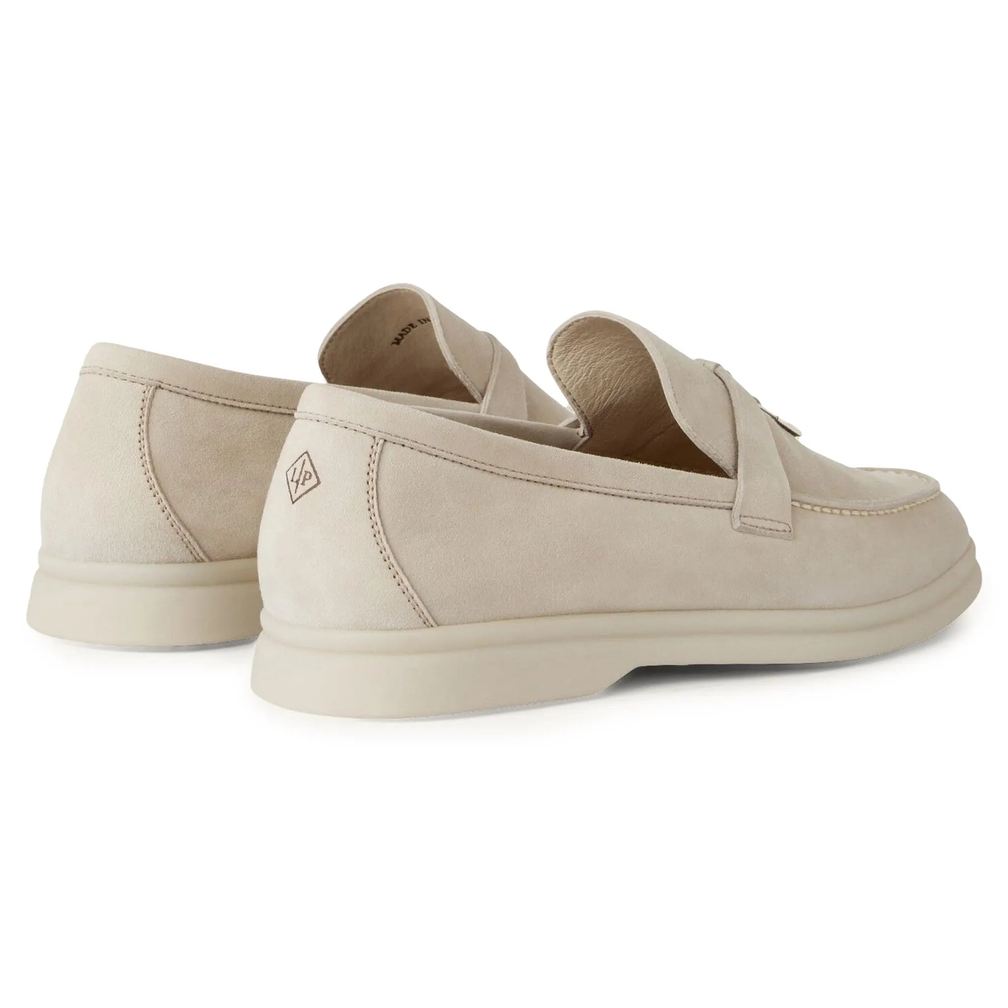 Back side view of Loro Piana Summer Charms Walk Suede Goatskin Powder Pearl Loafers FAE5444_A760