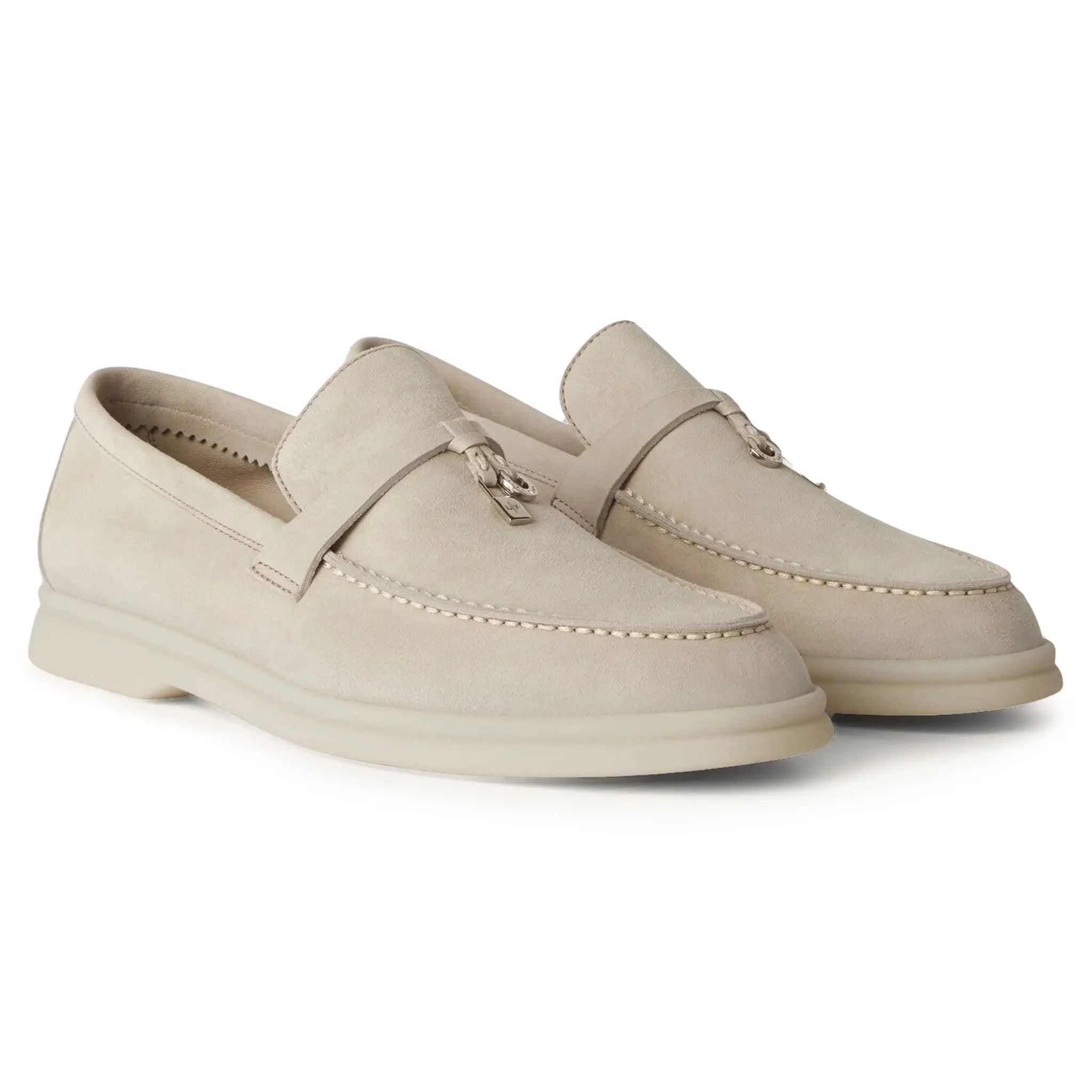Front side view of Loro Piana Summer Charms Walk Suede Goatskin Powder Pearl Loafers FAE5444_A760