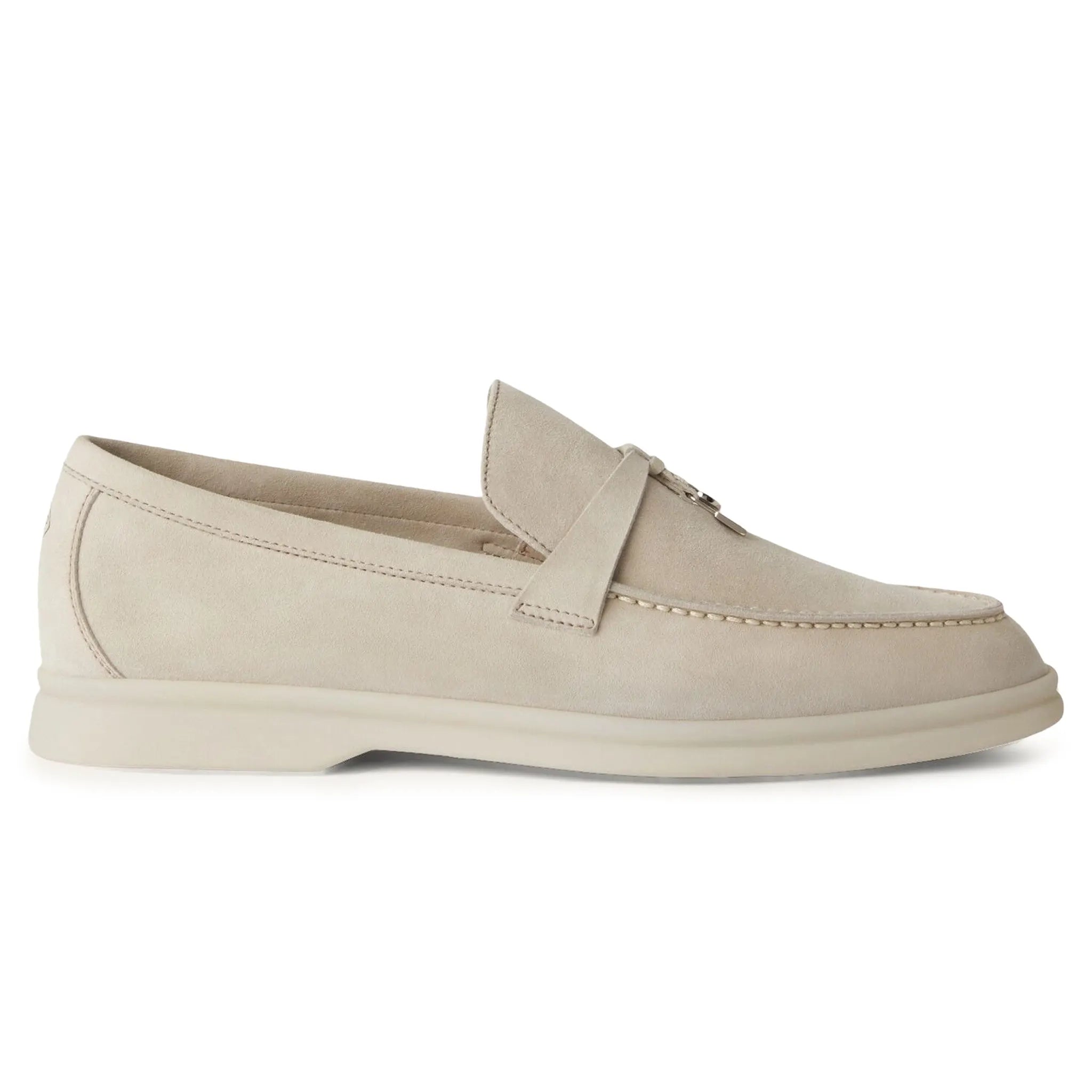 Side view of Loro Piana Summer Charms Walk Suede Goatskin Powder Pearl Loafers FAE5444_A760