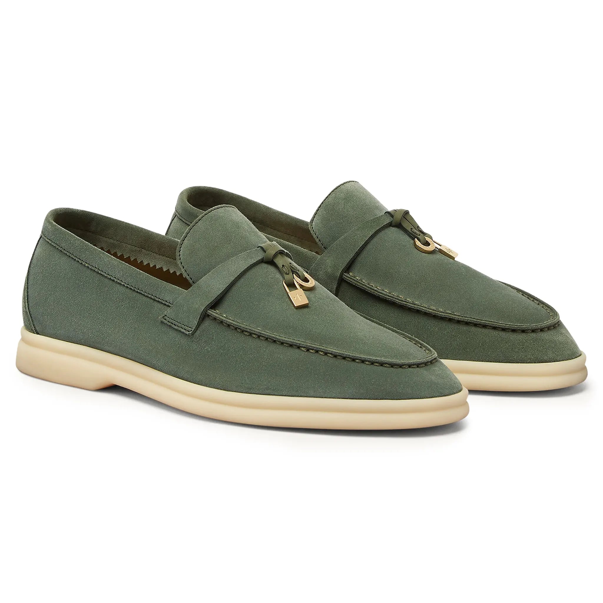 Front Side View of Loro Piana Summer Charms Walk Suede Green Lagoon Loafers FAE5444_518W