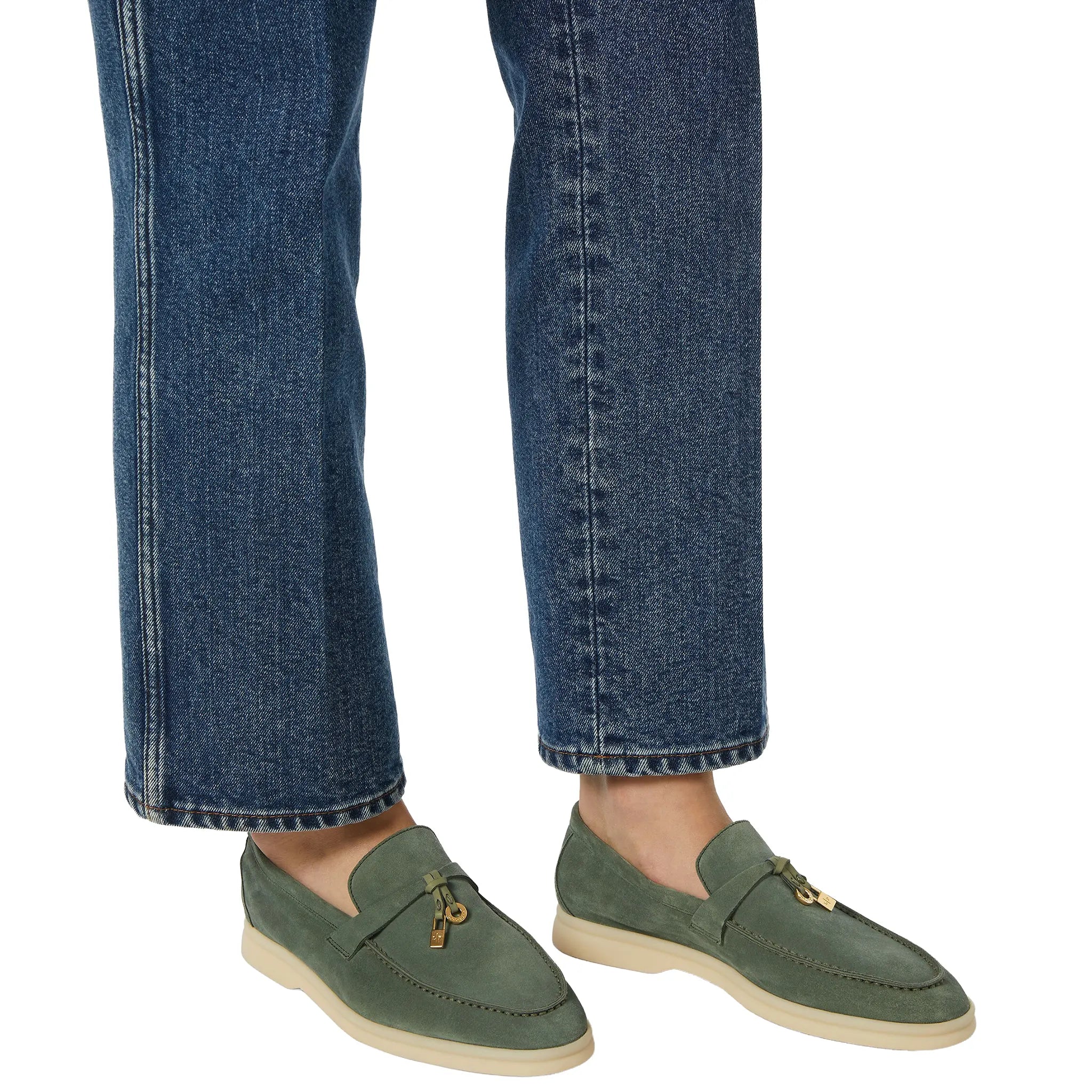Model View of Loro Piana Summer Charms Walk Suede Green Lagoon Loafers FAE5444_518W