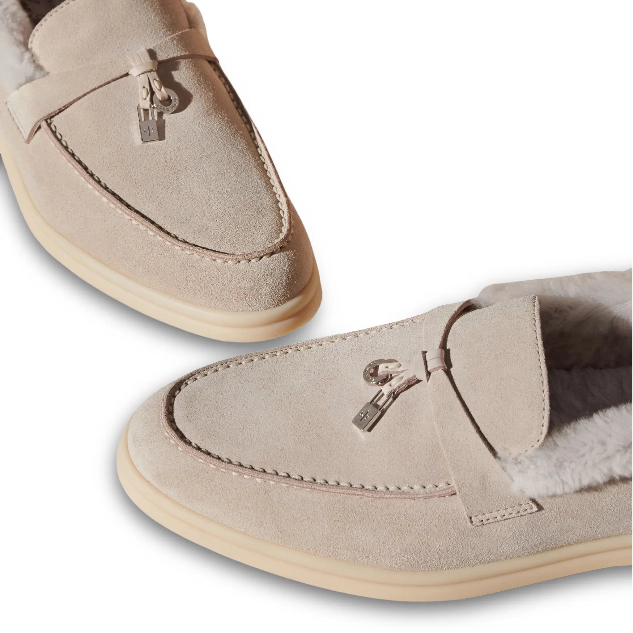 Upper View of Loro Piana Summer Charms Walk Suede With Beaver Fur Pearl Powder Loafers FAL9227_A760
