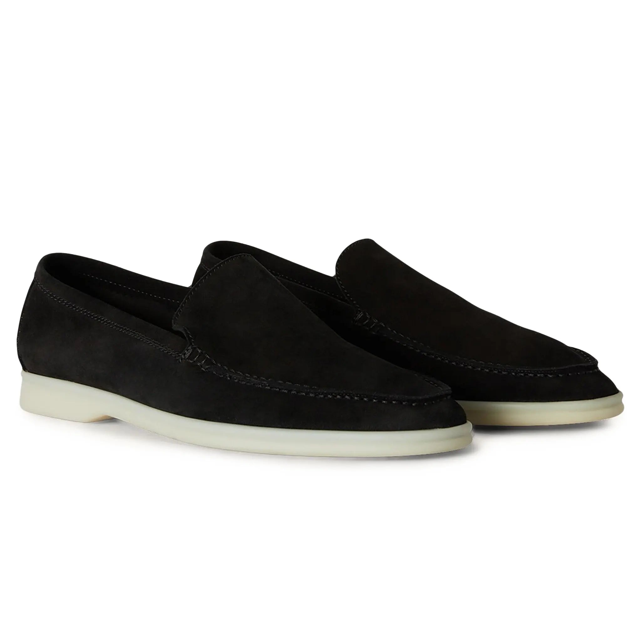 Front side view of Loro Piana Summer Walk Suede Black Loafers