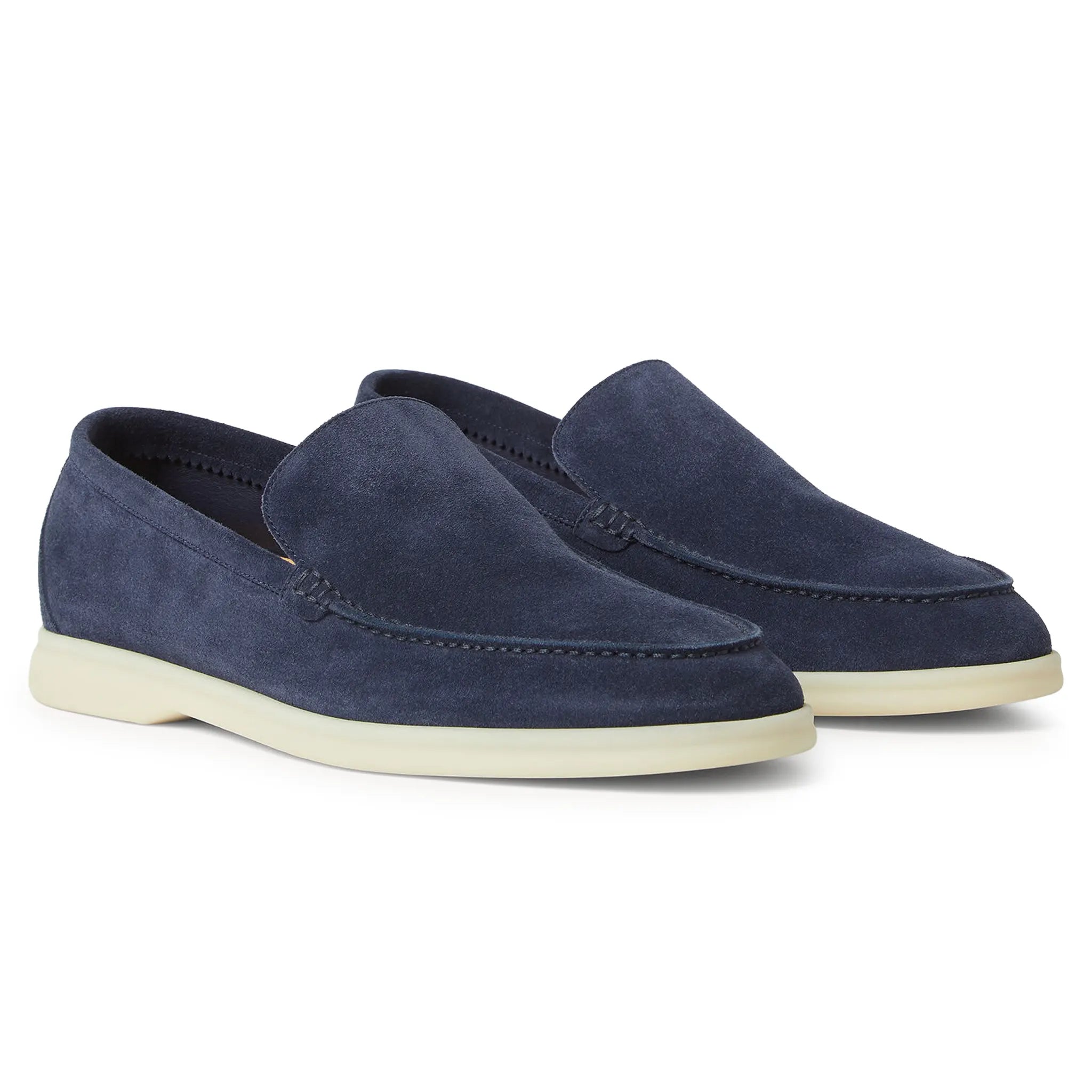 Front Side View of Loro Piana Summer Walk Suede Dark Deep Sea Loafers FAE8124_W1JT