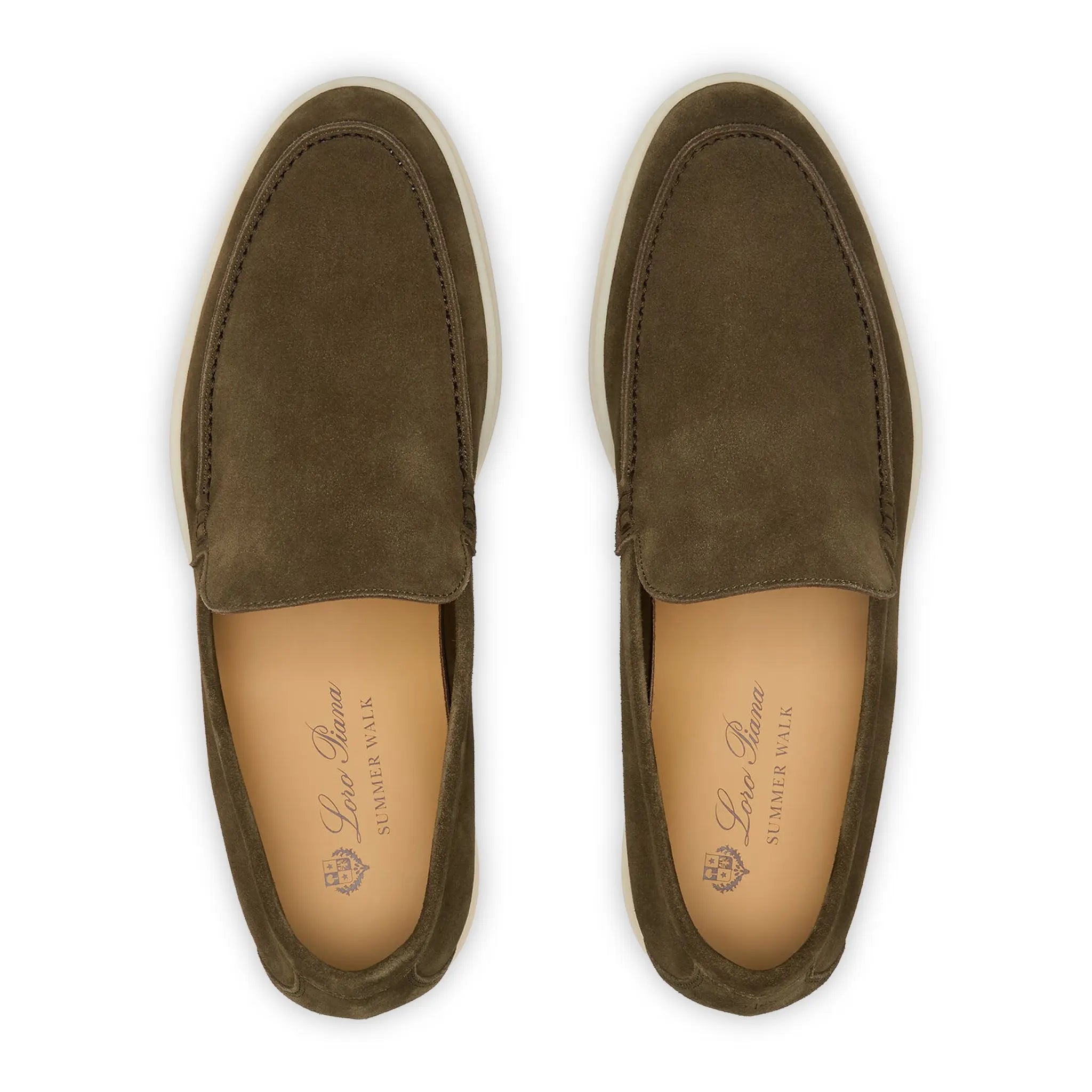 Upper View of Loro Piana Summer Walk Suede Grey Moss Loafers FAE8124_M0XH