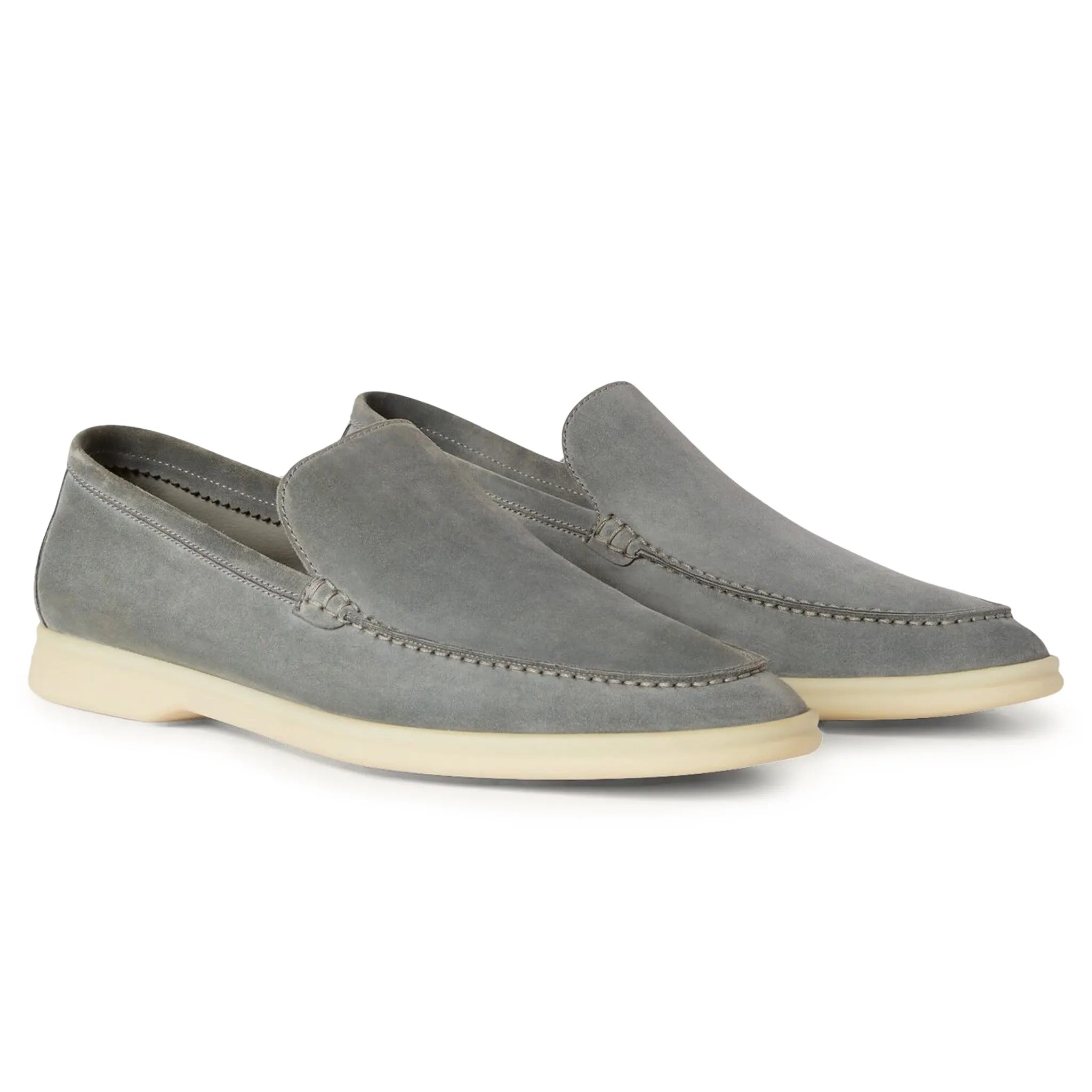 Front side view of Loro Piana Summer Walk Suede Gull Grey Loafers FAE8124
